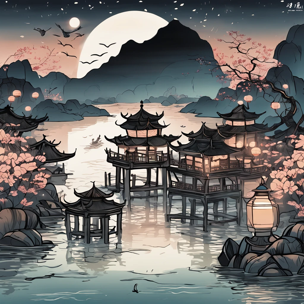 masterpiece,best quality,Chinese martial arts style,an asian night scene with lanterns and water lilies,asian pond with many lanterns and boatsa night scene with many lights and boats in the water, Lake surface, lotus flowers,beautiful night scene,(((Chinese martial arts style))), with vast sky, continuous mountains and steep cliffs, ink wash style, outline light, atmospheric atmosphere, depth of field, mist rising, bamboo, pine trees, octagonal stone pavilion, waterfall flowing water,big full moon,(No color) , Monochrome, light color,