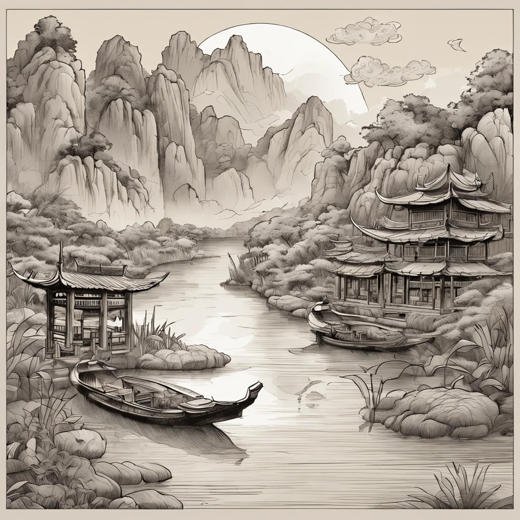 masterpiece,best quality,Chinese martial arts style,an asian night scene with lanterns and water lilies,asian pond with many lanterns and boatsa night scene with many lights and boats in the water, Lake surface, lotus flowers,beautiful night scene,(((Chinese martial arts style))), with vast sky, continuous mountains and steep cliffs, ink wash style, outline light, atmospheric atmosphere, depth of field, mist rising, bamboo, pine trees, octagonal stone pavilion, waterfall flowing water,big full moon,(No color) , Monochrome, light color,