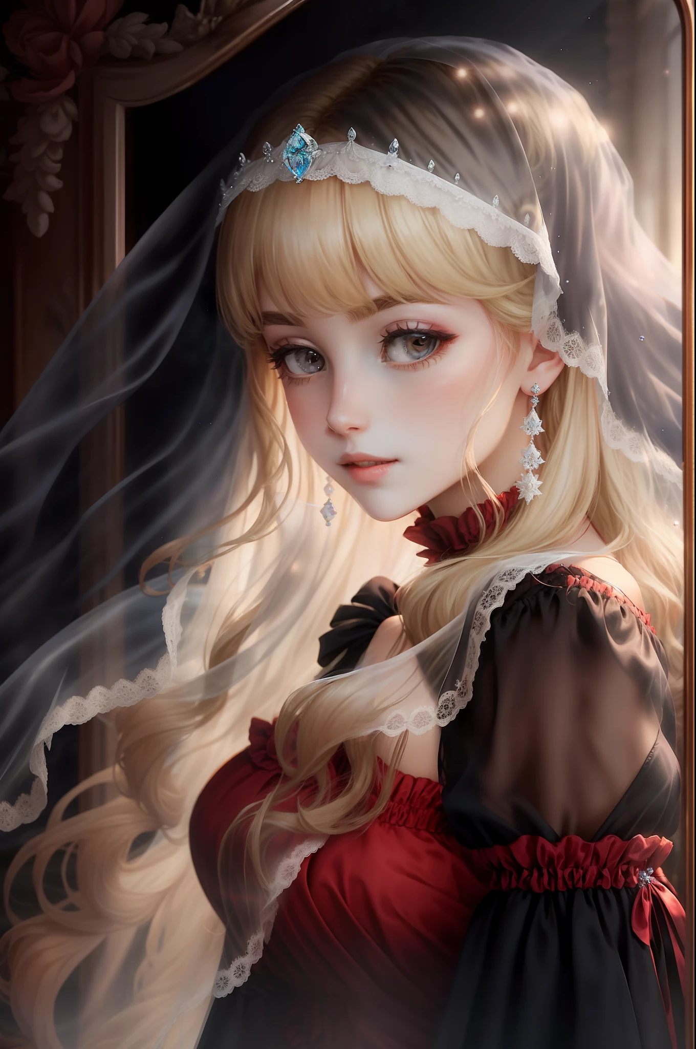 Princess A Princess Soft Best quality in good style(Highest Quality) , High quality(hiquality) Red fluffy dress blonde with soft hair corolla long The whole body is reflected A wonderful atmosphere with very delicate tones veils