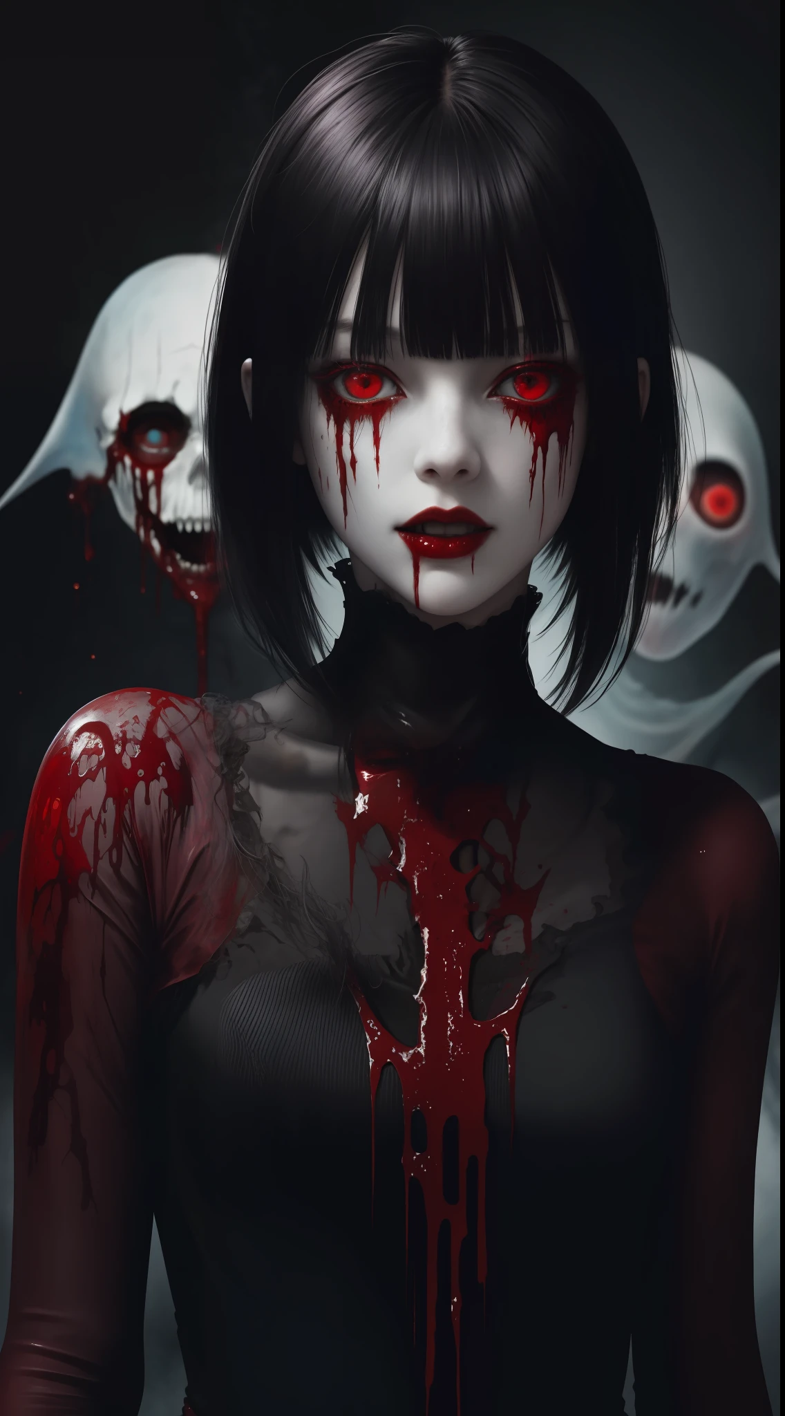 (masterpiece, best quality:1.2), cover image, splashed color background, highly detailed, colorful black, 1 girl, long silver hair, red eyes, blood on eye, head in the hand, short hair, blunt bangs, mannequin, cool face, ((( red sexy ghost))), illustration, horror art, dread, creepy, blood, blood eyes, gore, opened mouth, blood in mouth,