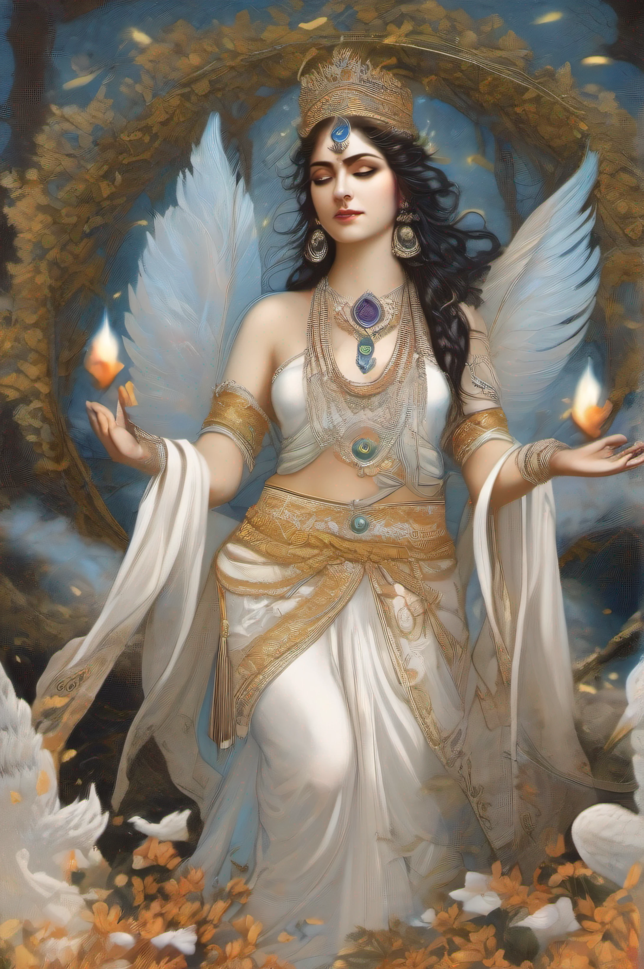 Indian goddess of lust having a bow in hand, drawing arrows of flowers, feathers in end of arrows, white and blue light/halo in a spiral form around arrows, deep cleavge visible, wearing white aprons only on sides of body so that they can hide nipples, and a wide cloth hanging below navel on a golden belt, slim body, slender thighs, divinely glowing skin, a small greek crown of peacock feathers on her head, black long hairs flowing, choker platinum silver thin necklace studded with little diamonds and a big ruby, golden armlets in arms, kinky golden cuffs in wrists, big cute eyes, fair skin, divine glow face, divine aura, an enchanted forest background, leafs flying in autumn wind, colourful flames on tip of arrow, bow of water, gold rings in fingers, mild sunlight on hairs, hairs falling till knees
Negative prompt- Ill formed fingers, bad formed limbs