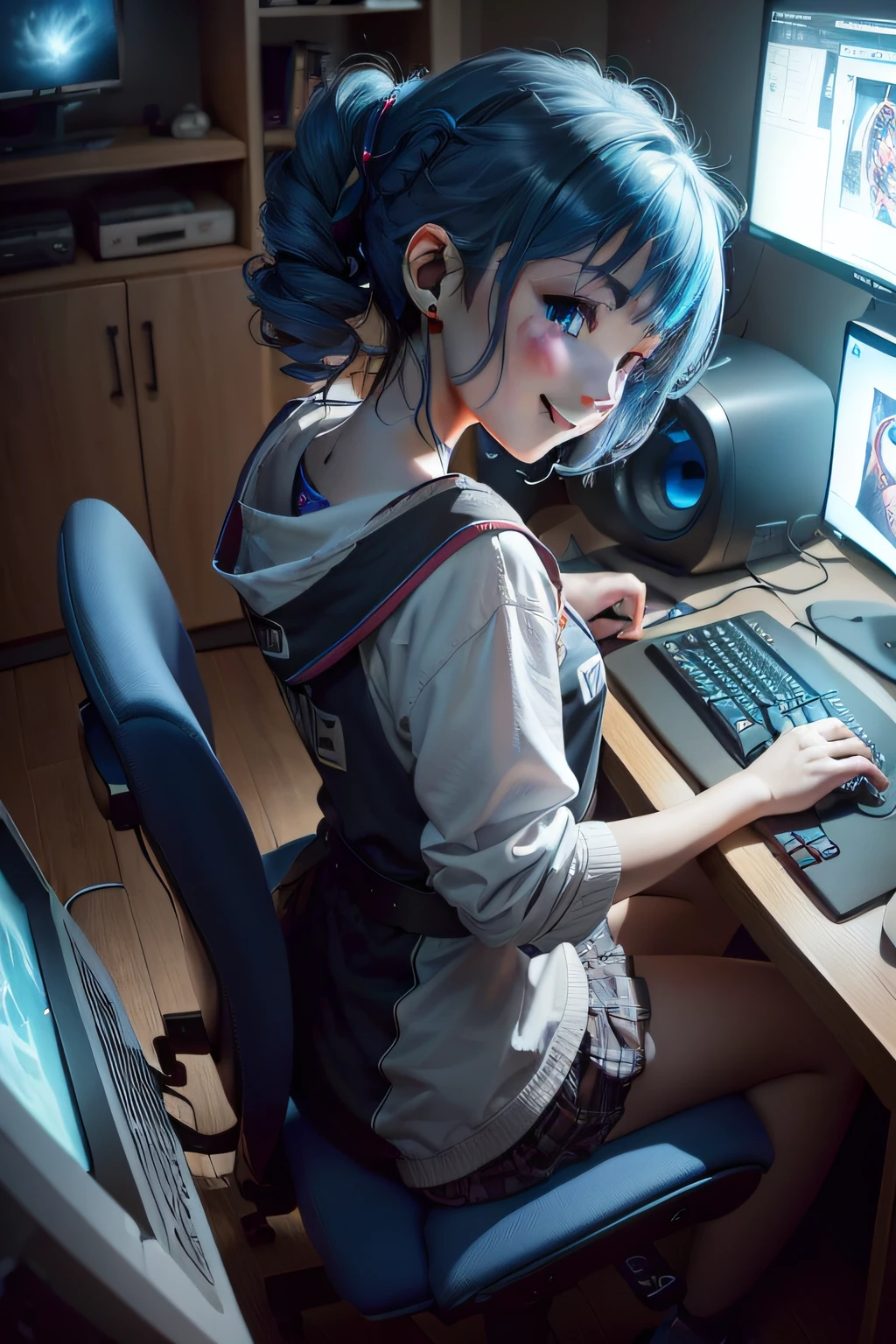 ((1girl in)),Home、darkened room、(((1 large monitor)))、Girl operating gaming computer、From the back、(((from the above、high-angle)))、Turning Head、looki at viewer、A smile、Blue-haired、short-hair、Earphone、gaming chair、Web-style clothing