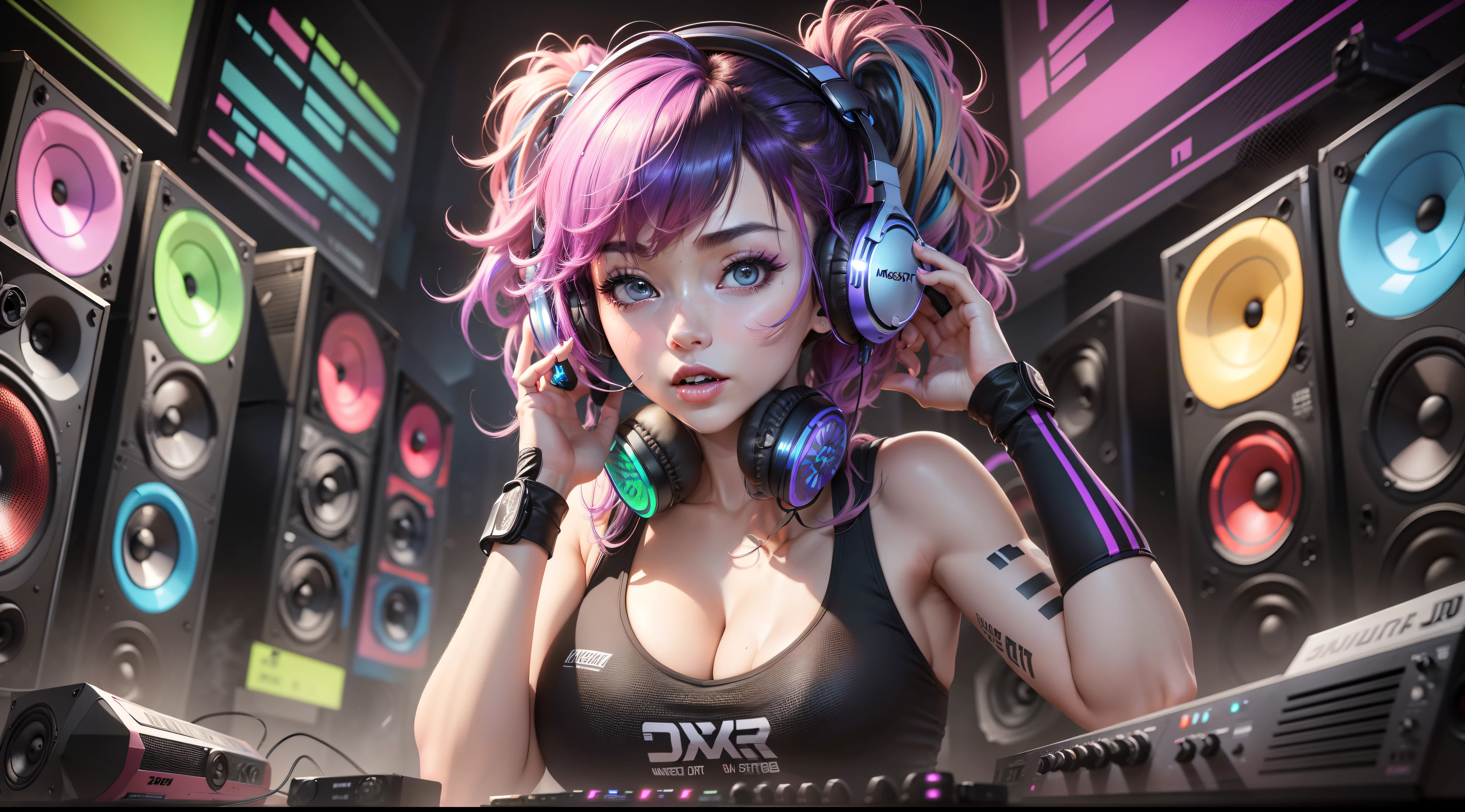 masuter piece、super-fine、A hyper-realistic、Beautiful female artist in DJ suit with black top and headphones、dj set、Sportsbra、headphones dj rave, Sportsbra, headphones、dj at a party、dj rave party、CGstation、(((Huge speaker in background)))、(((All walls are speakers)))、(colourful hair)、Glowing hair、inner colored、smokey