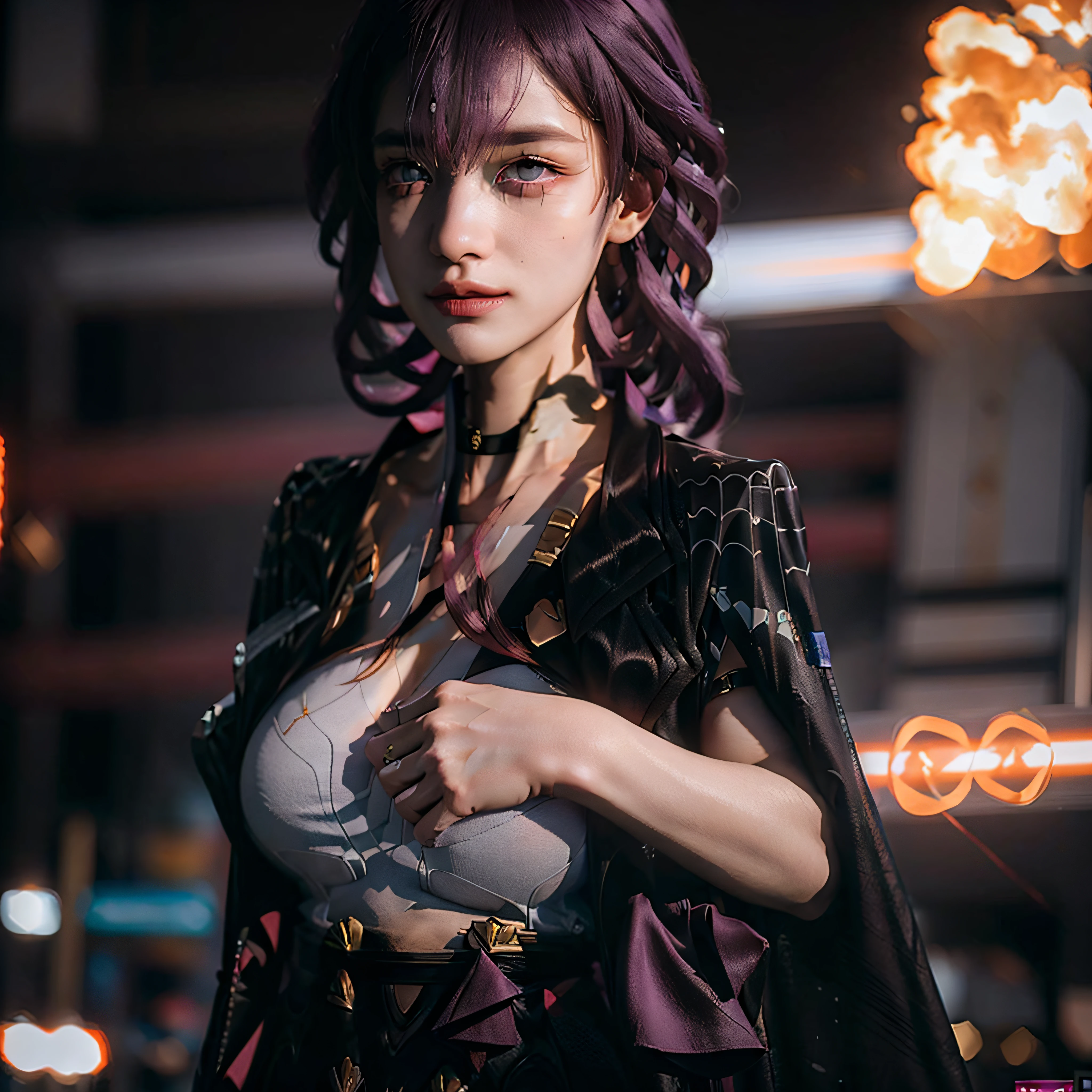 (photorealistic:1.4), raw photo, 1girl, purple eyes, purple hair, (eyewear on head), stellaron hunters outfit, black jacket, jacket on shoulders, shirt, shorts, pantyhose, boots,deep shadow, detailed face, detailed eyes, depth of field, bokeh, vibrant details, finely detailed, hyperrealistic, 35mm film, hazy blur,upper body,, masterpiece,ultra realistic,32k,extremely detailed CG unity 8k wallpaper, best quality