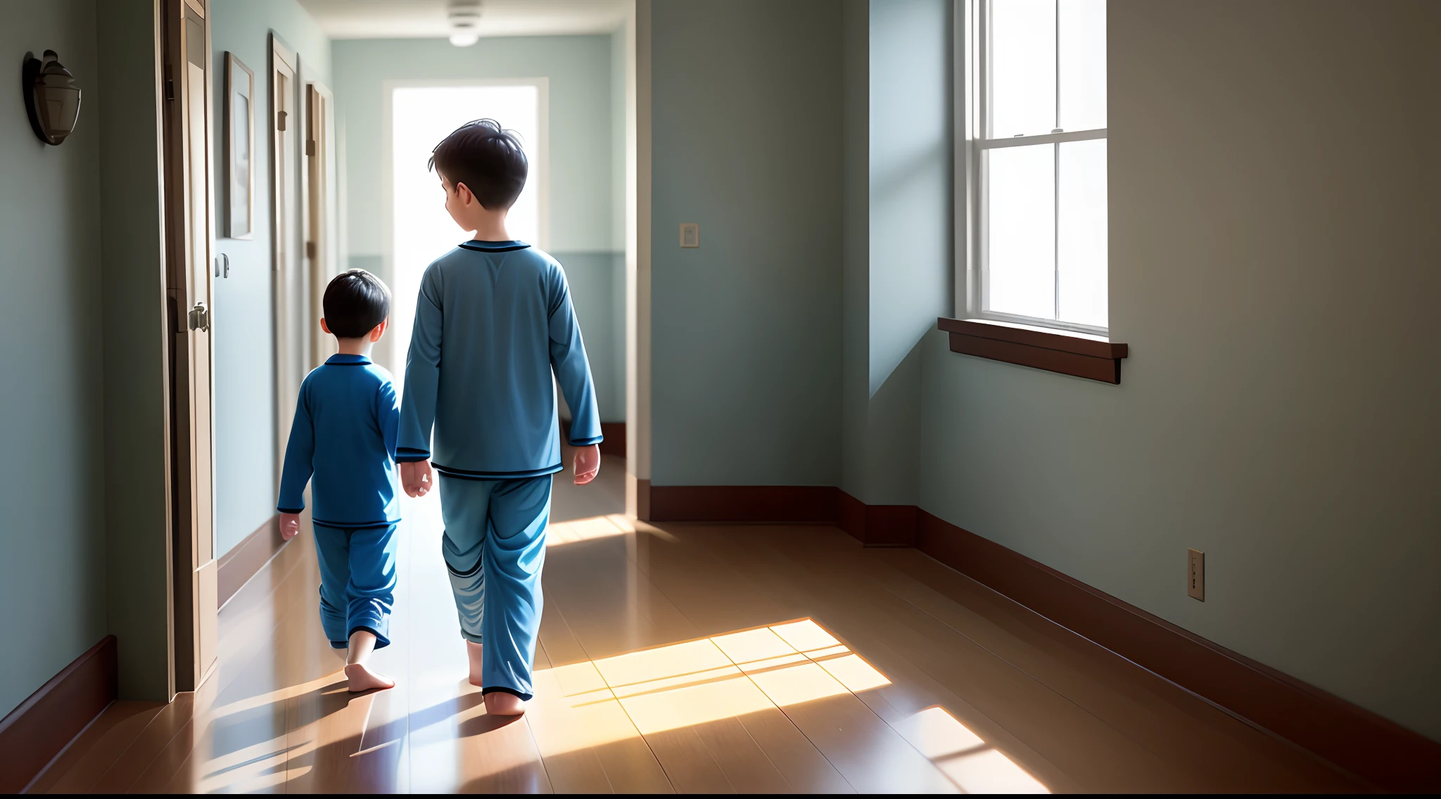 A six-year-old boy walks down the hallway in blue pajamas with a pillow in his hand, and the window is the bottom of the sea