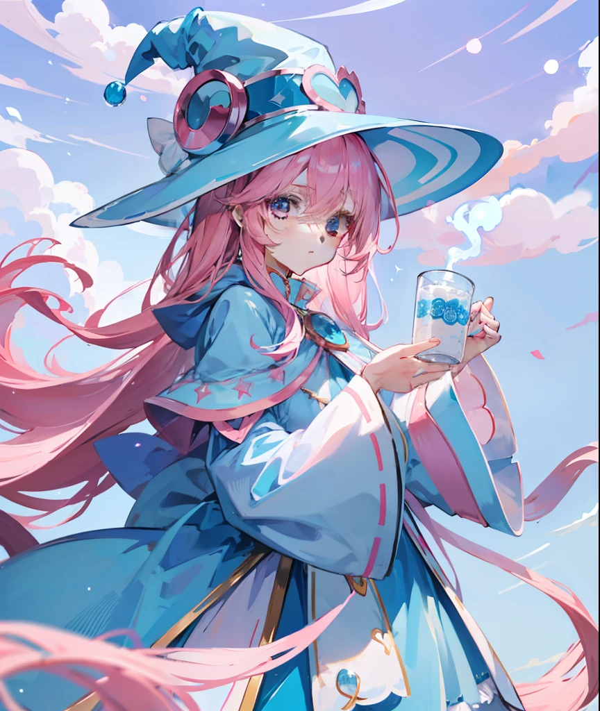 long light pink hair，Light sky blue magician hat，Light sky blue and light pink、White magician set，Milky whine，Cute and cute，This is a girl with sweet milk，super adorable
