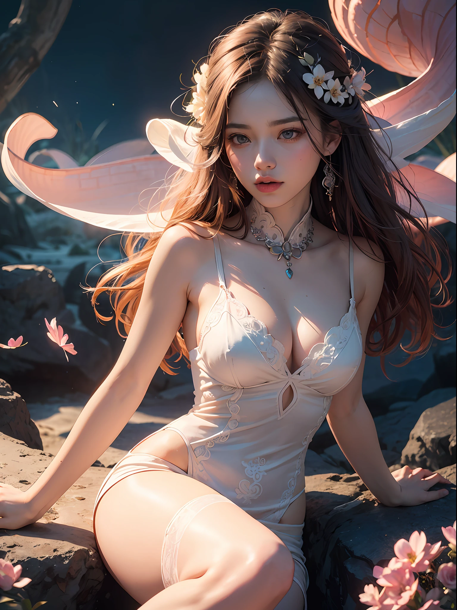 Unbeatable masterpiece, Ultra photo realsisim, Perfect artwork, Intricate details, Best quality, Strong light,High contrast, (Bare shoulders:0.85),((glowing ambiance, enchanting glow, luminouslighting, Ethereal atmosphere, A mesmerizing glow, evocative hues, captivating coloration, Dramatic lighting, Enchanting aura)),1girll,Masterpiece,Best quality,1girll,(in clouds of smoke:1.1),(Dynamic smoke is everywhere:1.4),(full bodyesbian:1.2),(1 Chinese pattern in the middle of the girl's forehead),a fantasy creature, jellyfish + Dragon, Underwater dragon, blend, 8K, Beautiful lighting, up-close, Digital art, Intricate details, Negative space, glitters,A girl with a weak temperament,,(epic cinematic),Soft natural light,rim-light,Absurd,Amazing,Funny,复杂,ultra - detailed,Pink flowers,pastelcolor,,White flowers pink flowers,