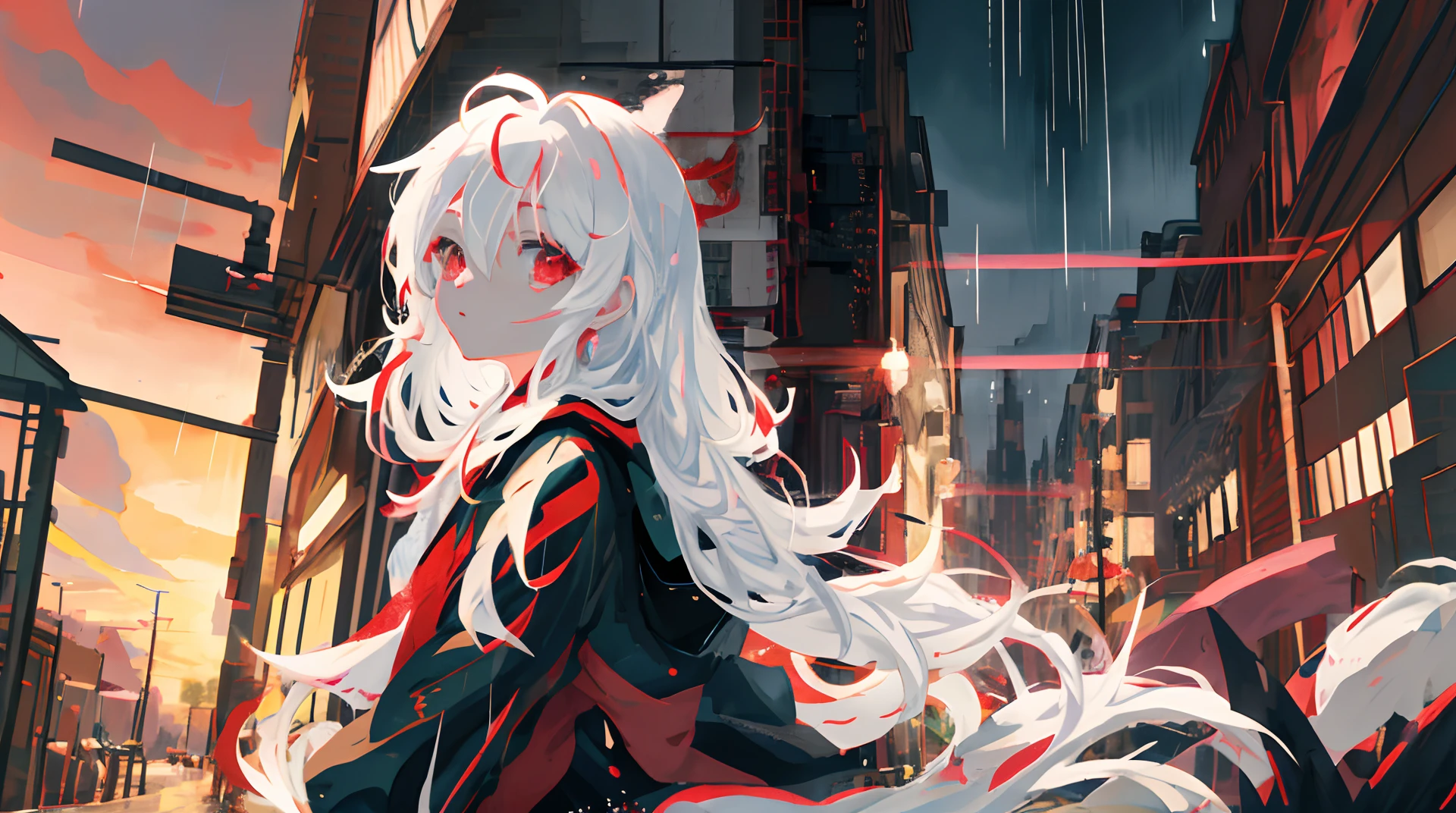 Anime girl walking in rain with white hair and red eyes, style of anime4 K, Anime art wallpaper 8 K, Anime art wallpaper 4k, Anime art wallpaper 4 K, Best anime 4k konachan wallpaper, 4K anime wallpaper, Anime wallpaper 4 k, Anime wallpaper 4K, Girl with white hair, Anime style illustration