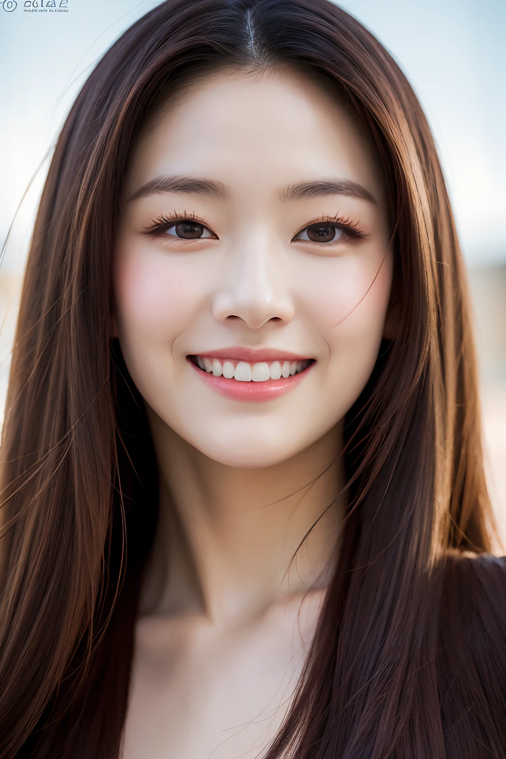 [art by Boris Vallejo, (art by Boris Vallejo:0.7)::13], Photo of a behance, Beautiful Korean kpop idol Woman, Close-up photo of a face facing the front,A big smile,Mecha background, Film grain, sony a7, Depth of field 270mm