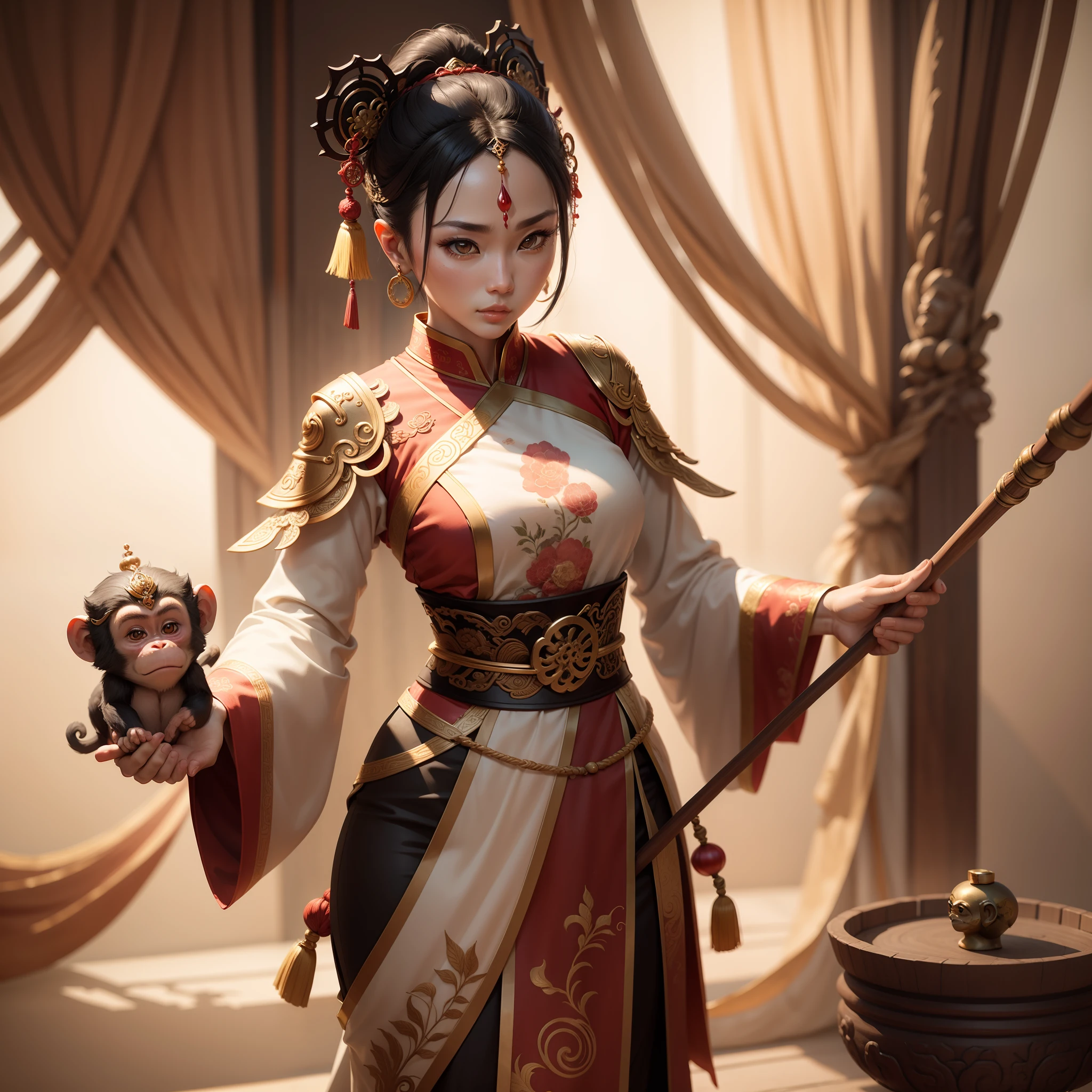 Monkey with a ruyi stick, circlet, masterpiece, super detail, best quality, anatomically correct
