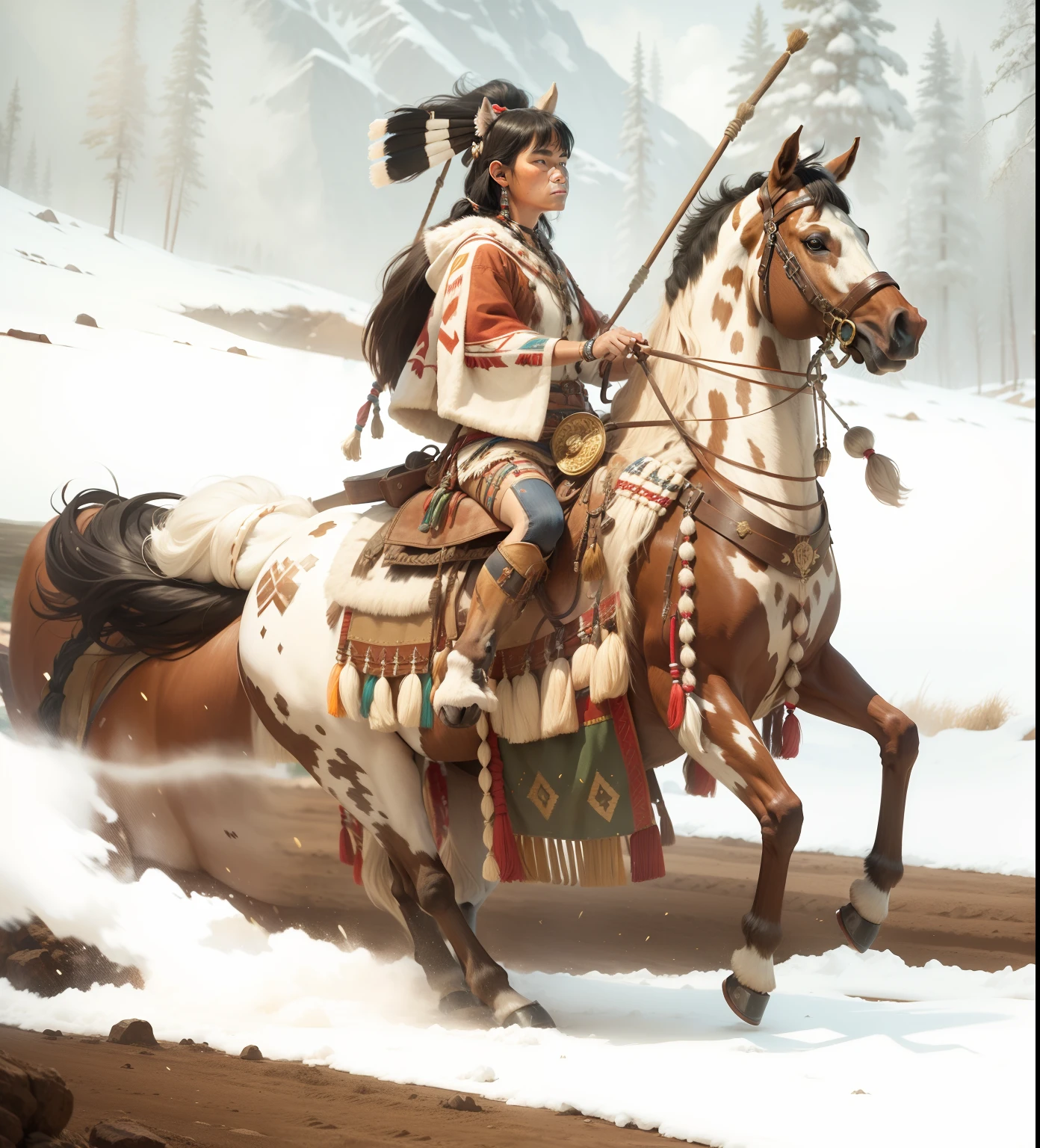 One Native American riding a horse, one head, one face, four legs, two ears, four hooves, one tale, photo-realism, 24k resolution, hyperdetailed in the style of Doolittle
