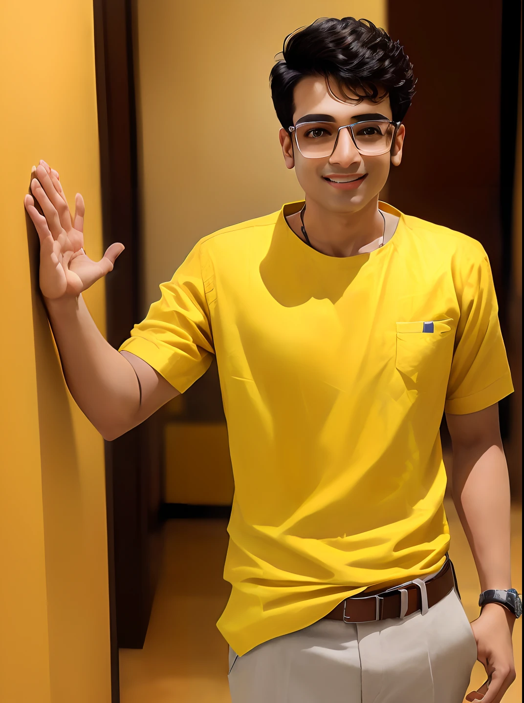 arafed man in yellow shirt and glasses standing in a room, wearing in shirt, inspired by Saurabh Jethani, full body photogenic shot, wearing a modern yellow shirt, inspired by Narayan Shridhar Bendre, taken with sony alpha 9, taken with sony a7r camera, with yellow cloths, yellow clothes, shot on nikon z9, cute smie