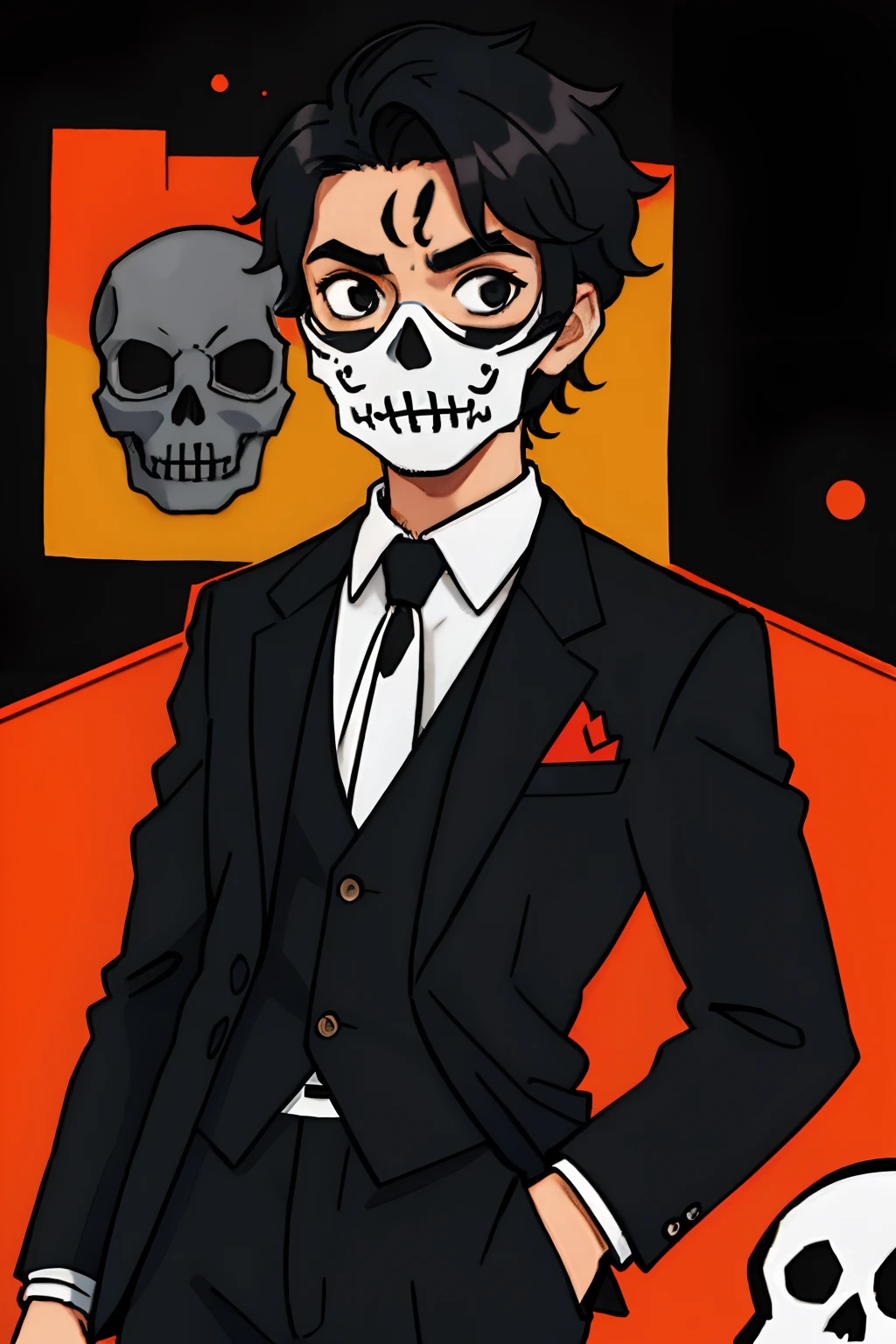 Black-haired boy wearing a social suit with a skull mask from the days of Los muertos