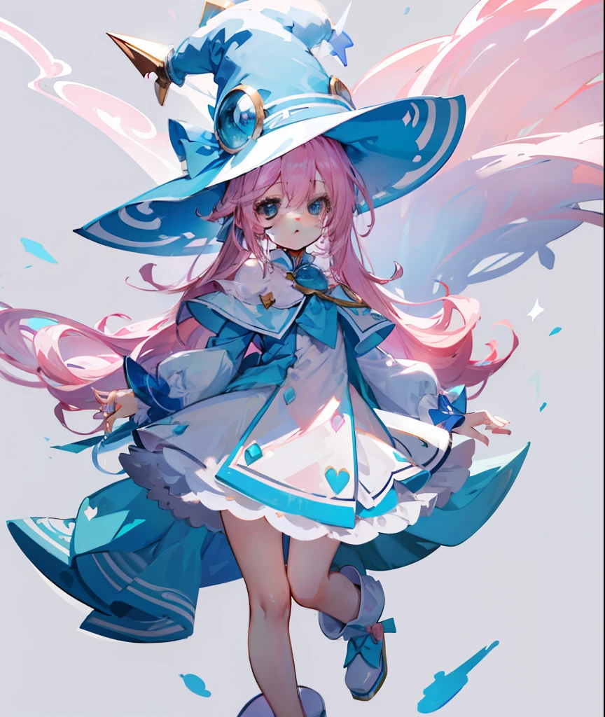 long light pink hair,Light sky blue magician hat,Light sky blue and light pink、White magician set,Milky whine,Cute and cute,This is a girl with sweet milk,super adorable