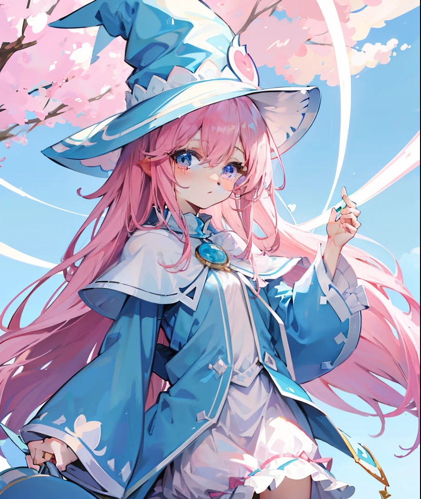 long light pink hair,Light sky blue magician hat,Light sky blue and light pink、White magician set,Milky whine,Cute and cute,This is a girl with sweet milk,super adorable