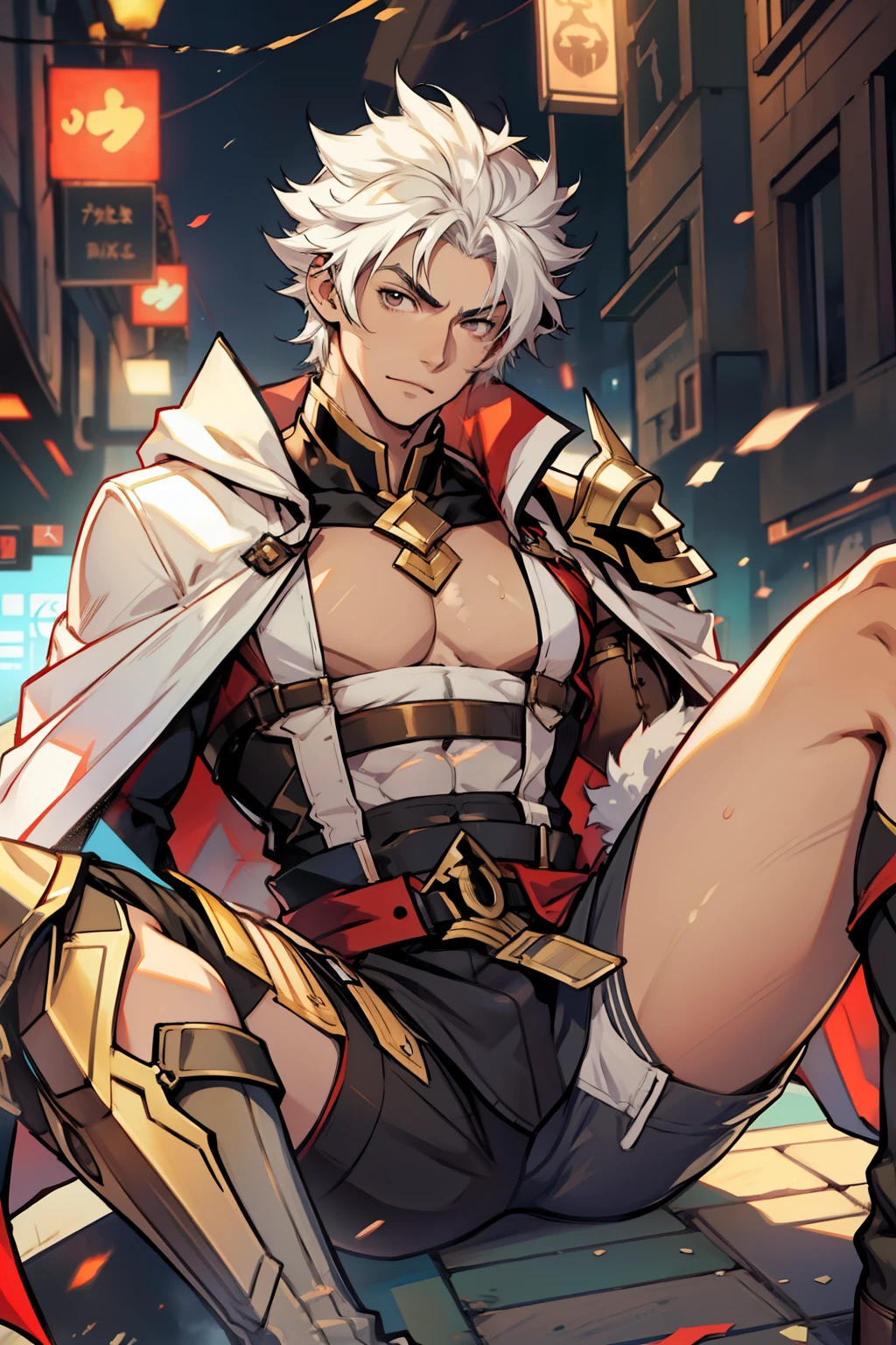 Highest image quality,male people,child,1 boy,Young and handsome,shoun,White color hair,Short flat top hair,Dark skin,anime big breast,anime wallpaper,Solo,malefocus,Briefs,Dilation of the pectoral muscles,Red cape,Bulging crotch,Urban background,spread their legs,Sexy,(Masterpiece, Best quality),Long white socks,Red Martin boots,