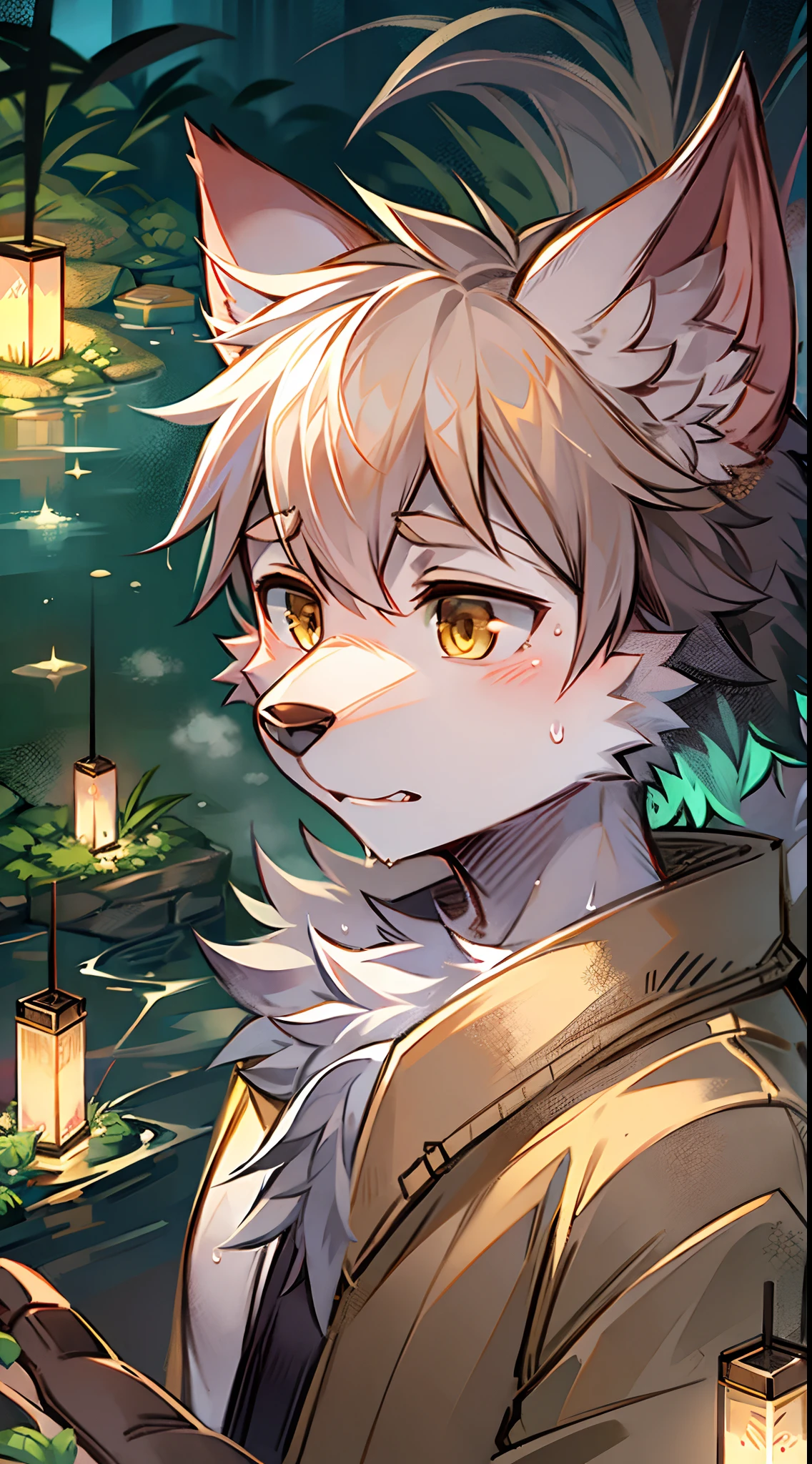 tmasterpiece, High-quality portraits,detailedbackground, (Bright environment:0.8), wet lands, baiyun, Sun Rain, phragmites, lotus flower, water purification, bushi, moss, paper lanterns,Hot Spring Hotel, shaggy male, White Wolf Boy, Shota, Beast type, Light-colored bathrobes, short detailed hair, Wolf ears, Little Wolf Tail, Ultra-detailed fur, Puppet Focus, in a panoramic view,is shy