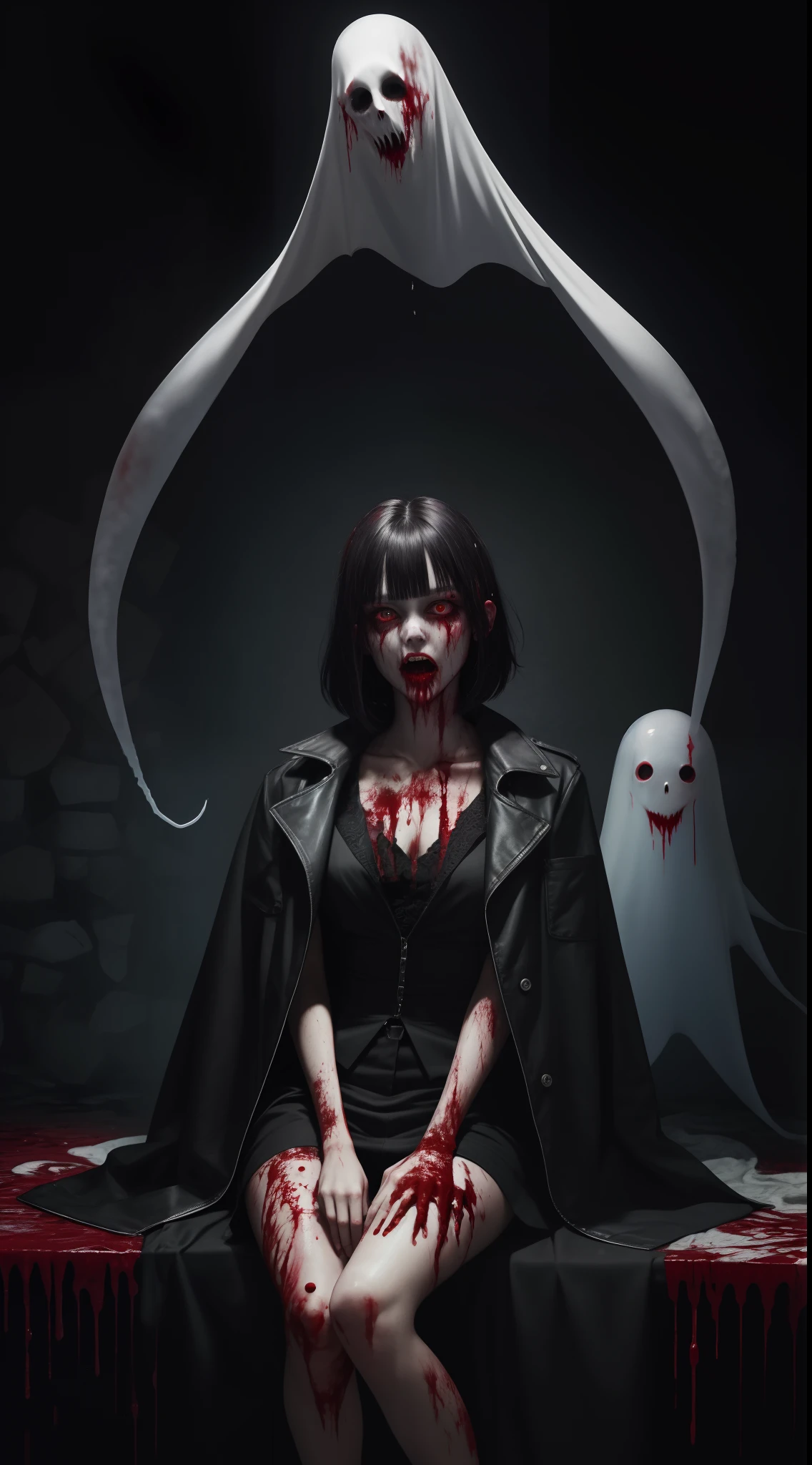 (masterpiece, best quality:1.2), cover image, splashed color background, highly detailed, colorful black, 1 girl, long silver hair, red eyes, blood on eye, head in the hand, short hair, blunt bangs, mannequin, cool face, ((( red sexy ghost))), illustration, horror art, dread, creepy, blood, blood eyes, gore, sitting, opened mouth, blood in mouth,