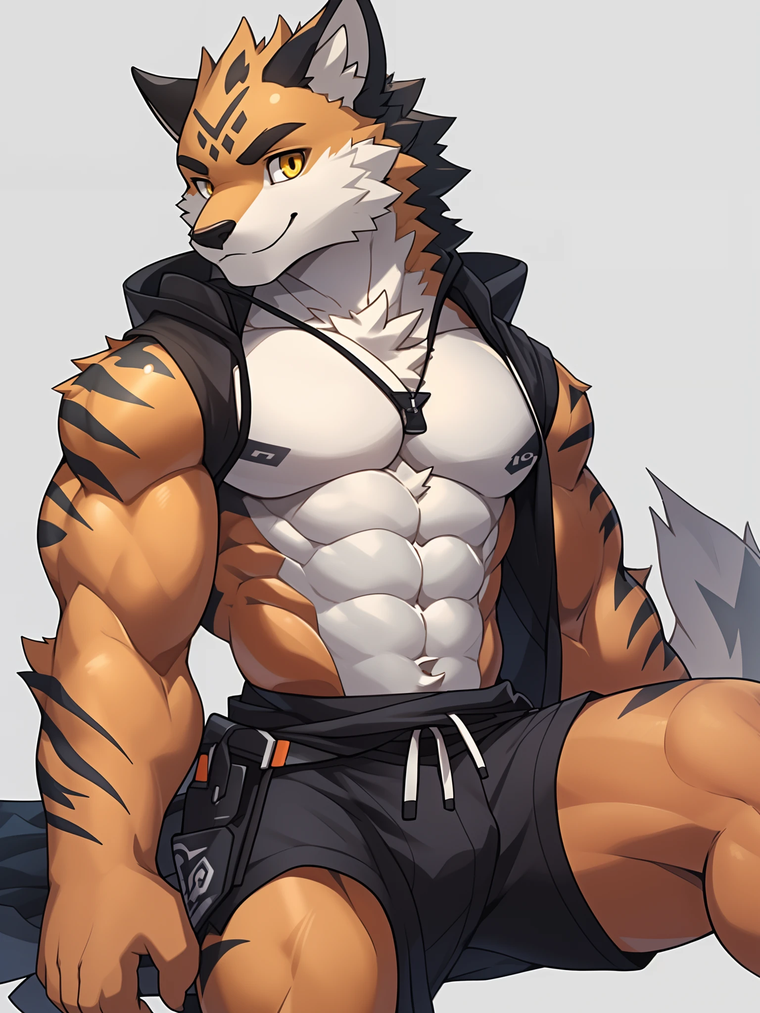 Furry,age uncensored,Strong,Young,light yellow eyes,bareness,nakeness,CG,4K,Beautiful,Orange skin,The individual fills the whole picture,Gray solid background,Q version,quit,White abs,no clothes are worn,Blend in with the background