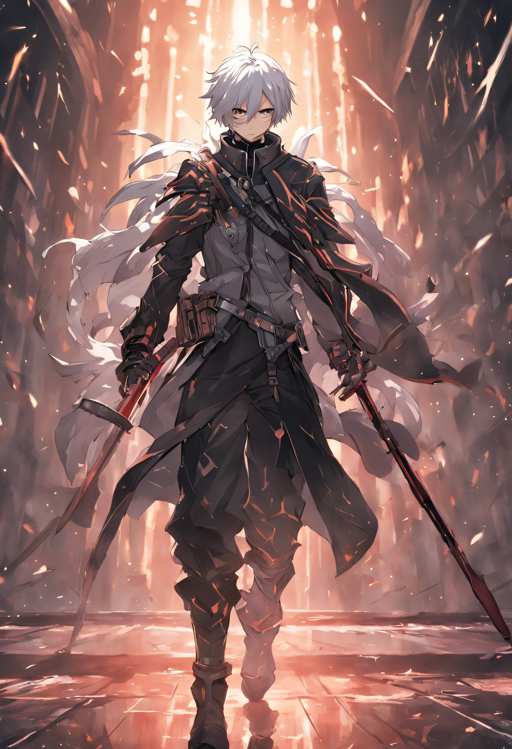 (masterpiece) In the virtual world of Sword Art Online GBO, a dynamic and epic scene unfolds as a boy with artfully styled white hair and a mysterious mask covering his face confidently strides through a dark dungeon. His attire consists of intricately designed armor clothing that accentuates his powerful presence. In his hands, he wields a sleek sniper rifle, ready to take on any challenge that awaits.