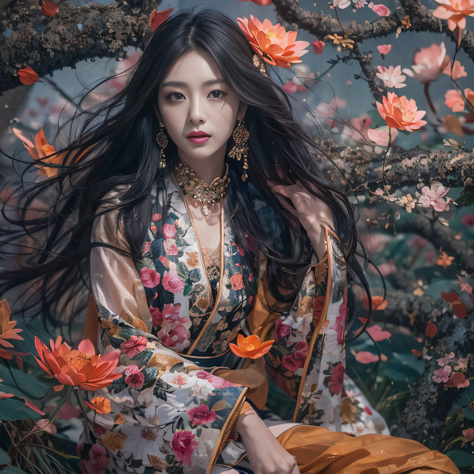 32K(tmasterpiece,k hd,hyper HD,32K)Long flowing black hair,ponds,zydink, a color, Asian people (Silly girl), (Silk scarf), Combat posture, looking at the ground, long whitr hair, Floating hair, Carp pattern headdress, Chinese long-sleeved bright orange clothing, (abstract ink splash:1.2), Pink petal background,Pink and white lotus flowers fly(realisticlying:1.4),Black color hair,Fallen leaves flutter,The background is pure, A high resolution, the detail, RAW photogr, Sharp Re, Nikon D850 Film Stock Photo by Jefferies Lee 4 Kodak Portra 400 Camera F1.6 shots, Rich colors, ultra-realistic vivid textures, Dramatic lighting, Unreal Engine Art Station Trend, cinestir 800,Long flowing black hair
