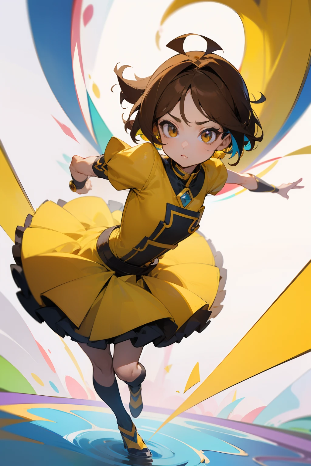 Chica anime, 1chica, short brown hair, ojos marrones hermosos, Cara perfecta, dynamic  pose, Perfect anatomy, cuerpo perfecto, 18yr old, Obra maestra, Full HD, 4k, Unique costume, varios colores, cuerpo completo, character design, Cute little girl, Buen estilo, perspectiva, linda perspectiva, buen dibujo, hermoso dibujo, SFW, colores llamativos, colores armoniosos,