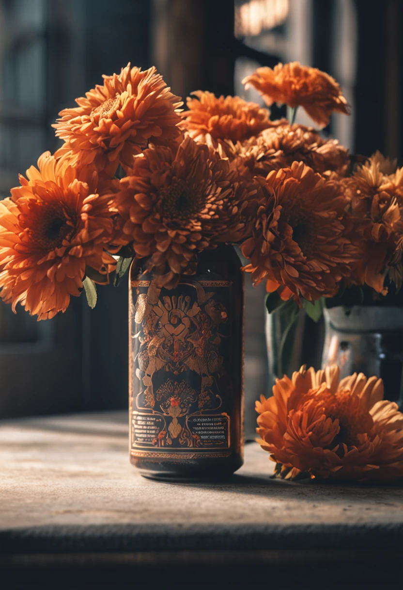 A can of beer，There are flowers inside，SakuraNS，Realistic hyper-detail，light orange and gray，Decorative motifs，matte photos。