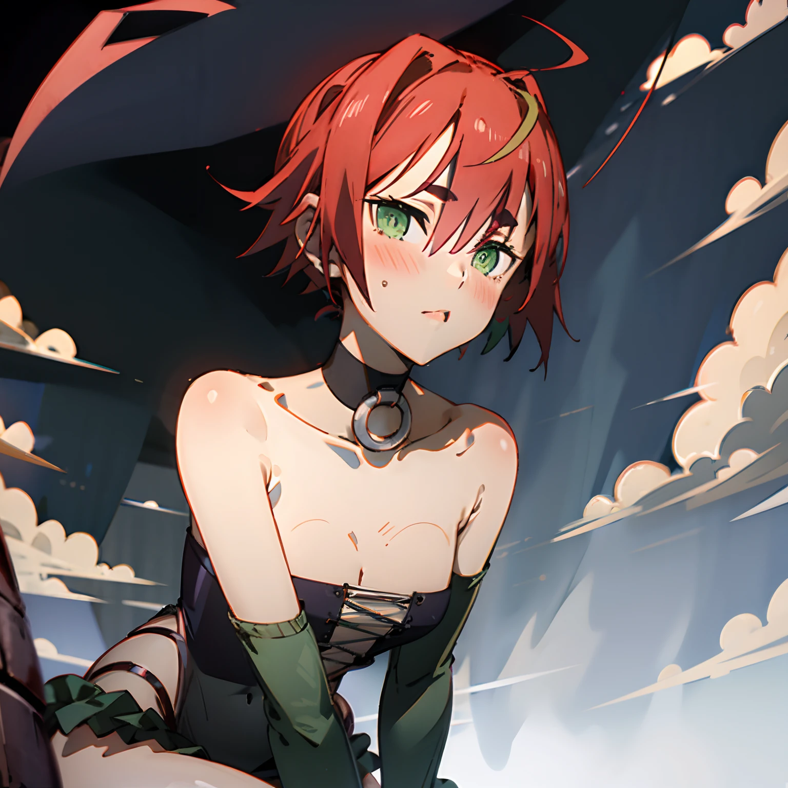 Natural Volumetric Lighting And Best Shadows, Deep Depth Of Field, Sharp Focus,1girl, solo, Terrible_Tornado,looking_at_viewer, blush, short_hair, bangs, green_hair, green_eyes,detailed eyes, collarbone, thighs, small_breasts, outdoors, parted_lips, green_hair, float, cloud, dark green dress, cloudy_sky, pelvic_curtain, side_slit, curly_hair, flipped_hair,