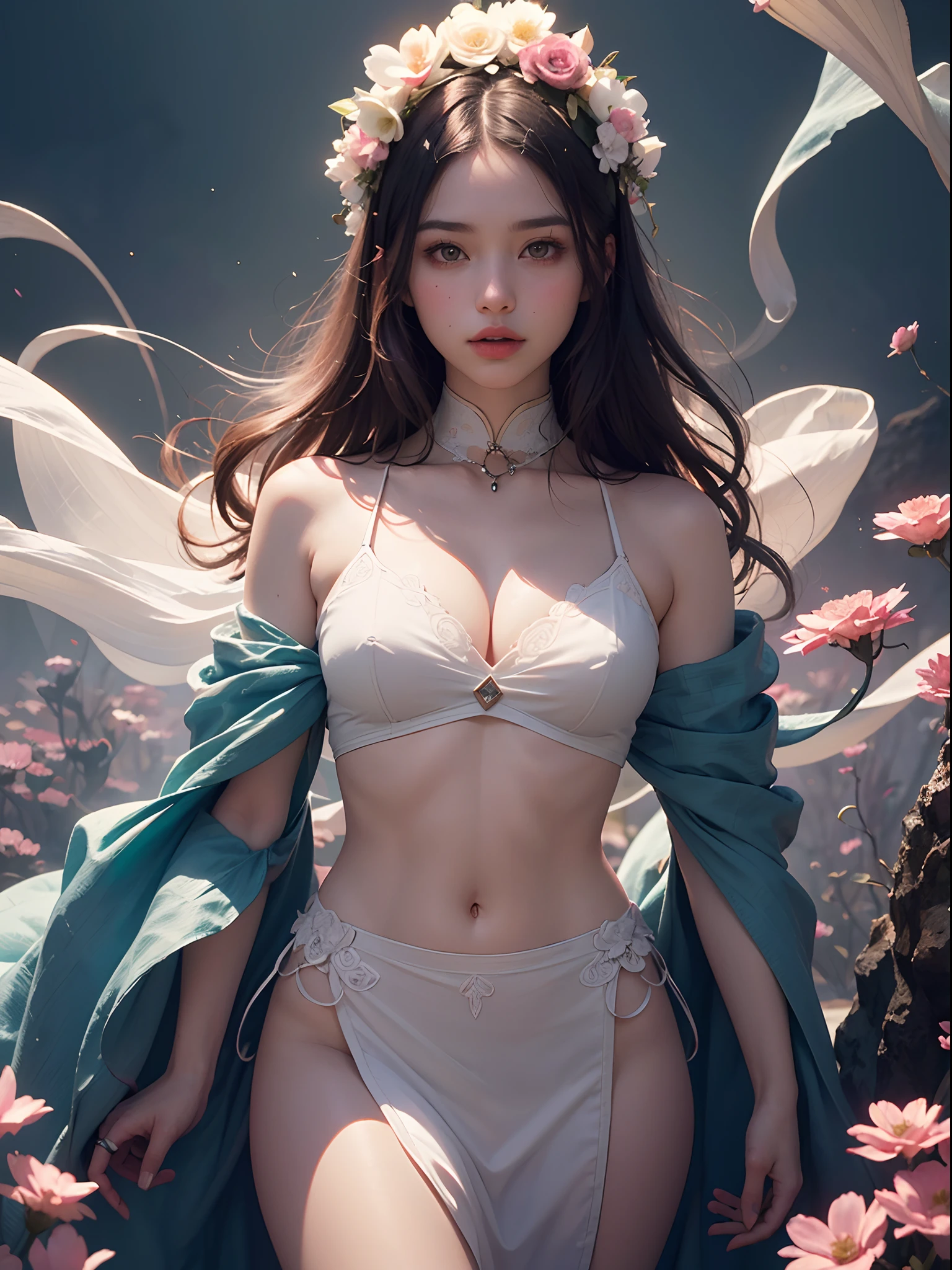 Unbeatable masterpiece, Ultra photo realsisim, Perfect artwork, Intricate details, Best quality, Strong light,High contrast, (Bare shoulders:0.85),((glowing ambiance, enchanting glow, luminouslighting, Ethereal atmosphere, A mesmerizing glow, evocative hues, captivating coloration, Dramatic lighting, Enchanting aura)),1girll,Masterpiece,Best quality,1girll,(in clouds of smoke:1.1),(Dynamic smoke is everywhere:1.4),(full bodyesbian:1.2),(1 Chinese pattern in the middle of the girl's forehead),a fantasy creature, jellyfish + Dragon, Underwater dragon, blend, 8K, Beautiful lighting, up-close, Digital art, Intricate details, Negative space, glitters,A girl with a weak temperament,,(epic cinematic),Soft natural light,rim-light,Absurd,Amazing,Funny,复杂,ultra - detailed,Pink flowers,pastelcolor,,White flowers pink flowers,