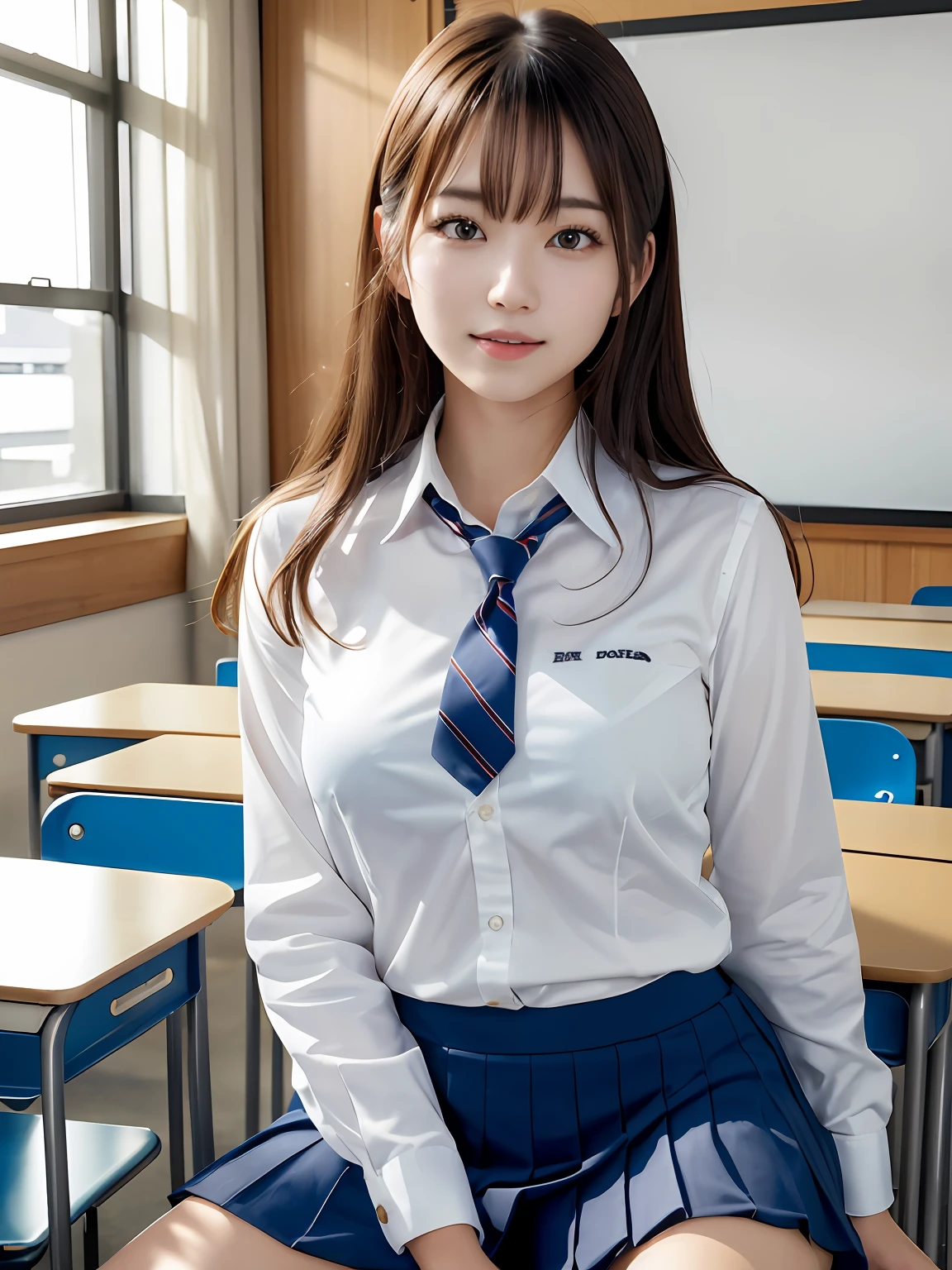 Best Quality, japanaese girl, 8K, Raw photo, top-notch quality, 1 beautiful Japanese girl, 18 years old,Japanese Idol, gals、Curly hair、Tempting smile、Fluttering chest、tits out、Cleavage of、Emphasize、Overflow from uniform、Large breasts, (sitting on the desk:1.1), (School uniform), (Spread legs:1.2),
(School classroom background:1.1)、