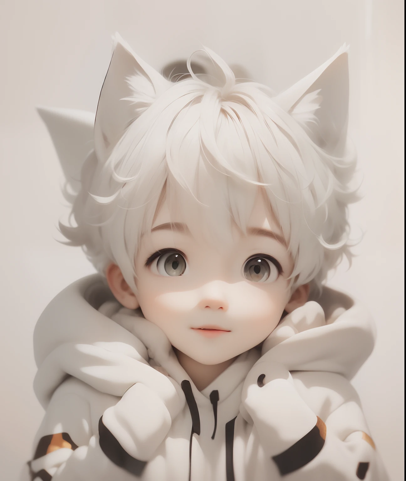 ,Clear and bright, style of anime, Juvenile image, Fox ears, Playful, White color hair, Wear a light white sweatshirt, style of anime, youthfulenergy, head portrait, Comic face