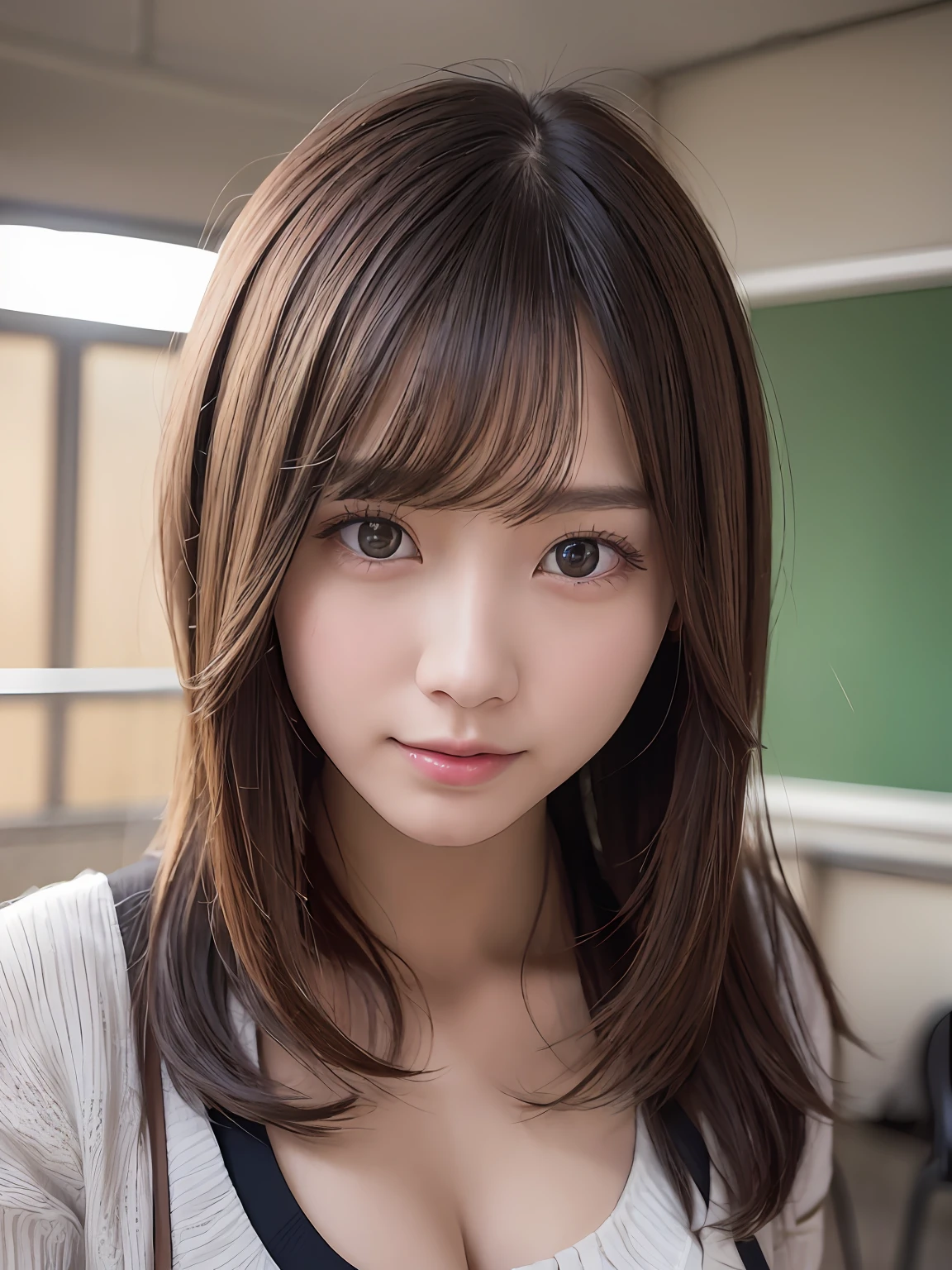 (((Medium hair))), best qualtiy, 8K, hdr, A high resolution, absurderes:1.2, blur backgroun, Background bokeh:1.2, photography of, (RAW photo:1.2), (真实感:1.4), (Masterpiece:1.3), (complexdetails:1.2), 1girll, 独奏, japanaese girl, delicated, Beautiful detailed,Classroom Background, (Detailed eyes), (Detailed facial features), (((Medium breasts))), Skin Firm, (Looking_at_peeping at the viewer), From_Front, (being thin),(best qualtiy:1.4),(超A high resolution:1.2),cinematic lighitnglamplight,(Extremely detailed illustration),(Gloss on lips,best qualtiy,超A high resolution,depth of fields,Caustics,Extensive illumination,naturalshadow,85mm, f/1.4, iso 200, 1/160s:0.75),1girll, Solo, Smile, ((校服,In the classroom))(jiayi:1.5), closeup cleavage, tmasterpiece, best qualtiy, RAW photogr, realisticlying, the face, Incredibly Ridiculous res, depth of fields, A high resolution, ultra - detailed, finedetail, The is very detailed, Extremely detailed eyes and face, Sharp pupils, realistic pupil, tack sharp focus, cinmatic lighting