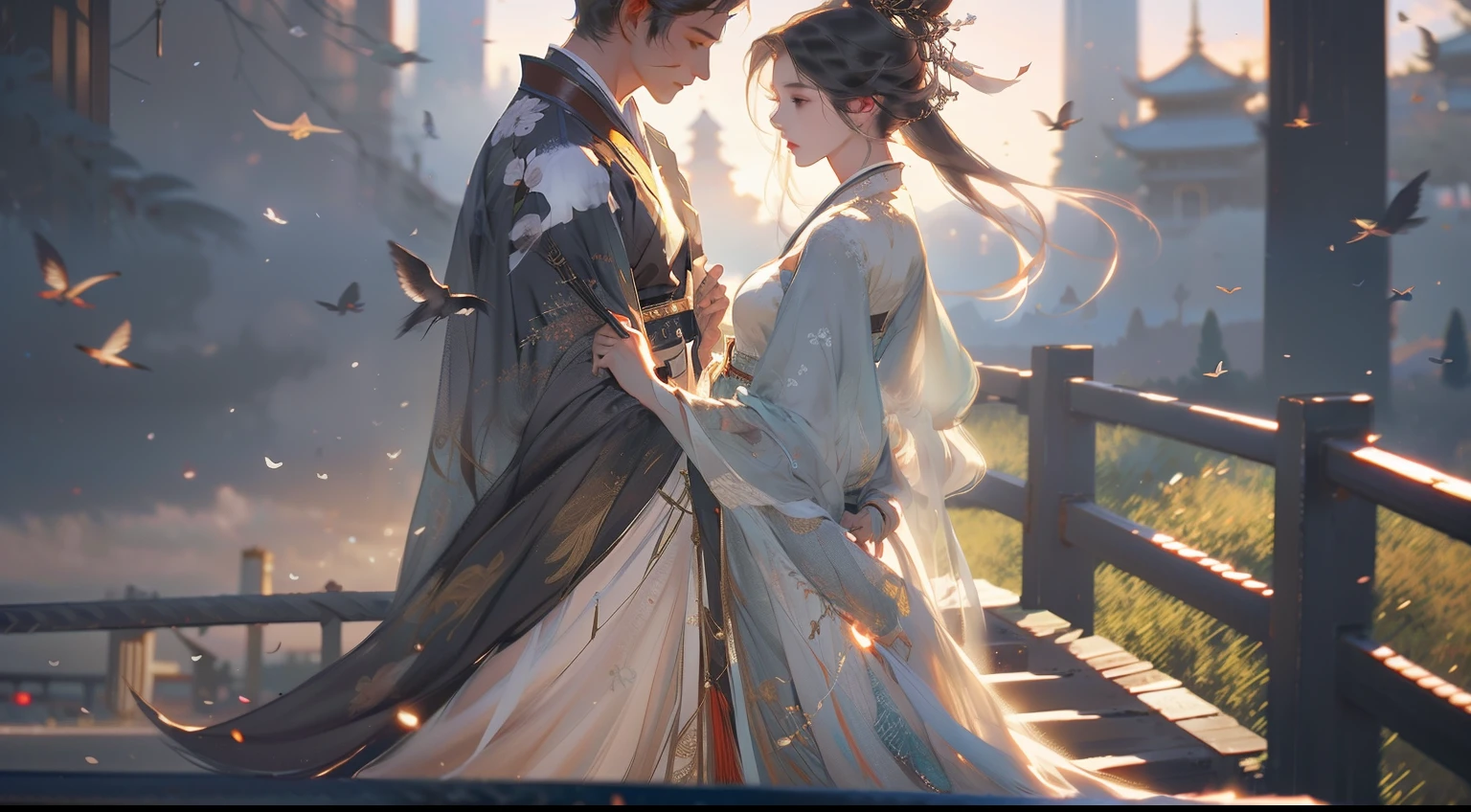 A handsome Chinese boy and girl、(full bodyesbian)、Look at each other,Gentle eyes,((Clear facial features)),wearing a hanfu,standing on a bridge,The body is surrounded by white mist,There are magpies flying around,A cow looks up from afar,Runes surround you,Holographic reality,holographic halo,Background motion blur,Game lighting effects,rim-light,Soft light,cinematic rim light,The light is delicate