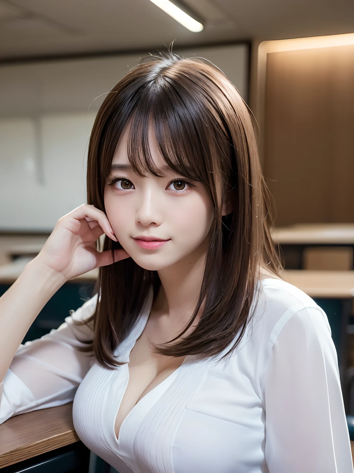(((Medium hair))), best qualtiy, 8K, hdr, A high resolution, absurderes:1.2, blur backgroun, Background bokeh:1.2, photography of, (RAW photo:1.2), (真实感:1.4), (Masterpiece:1.3), (complexdetails:1.2), 1girll, 独奏, japanaese girl, delicated, Beautiful detailed,Classroom Background, (Detailed eyes), (Detailed facial features), (((Medium breasts))), Skin Firm, (Looking_at_peeping at the viewer), From_Front, (being thin),(best qualtiy:1.4),(超A high resolution:1.2),cinematic lighitnglamplight,(Extremely detailed illustration),(Gloss on lips,best qualtiy,超A high resolution,depth of fields,Caustics,Extensive illumination,naturalshadow,85mm, f/1.4, iso 200, 1/160s:0.75),1girll, Solo, Smile, ((校服,In the classroom))(jiayi:1.5), closeup cleavage, tmasterpiece, best qualtiy, RAW photogr, realisticlying, the face, Incredibly Ridiculous res, depth of fields, A high resolution, ultra - detailed, finedetail, The is very detailed, Extremely detailed eyes and face, Sharp pupils, realistic pupil, tack sharp focus, cinmatic lighting
