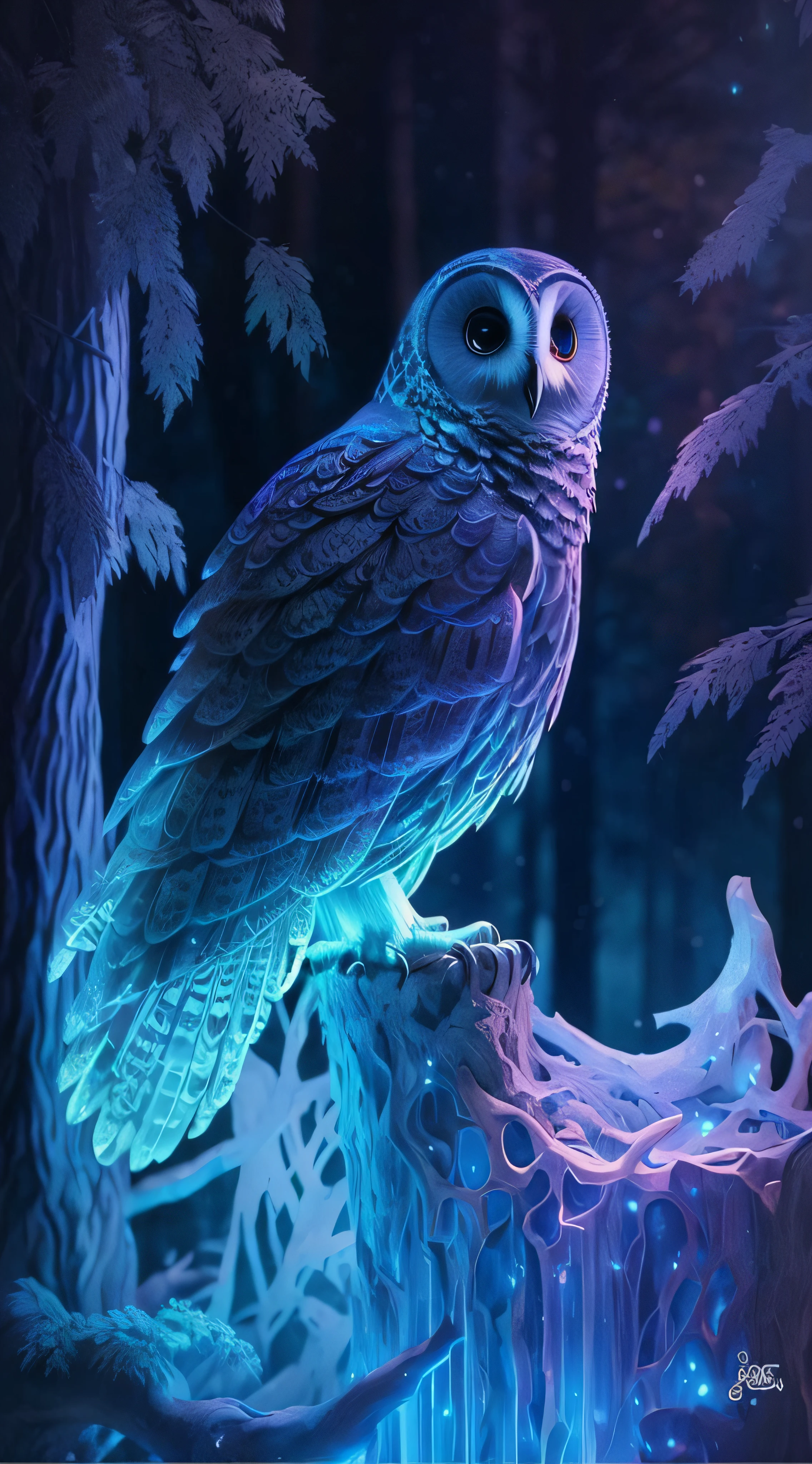 Arafed owl sitting on a tree stump in a forest, coruja incandescente, coruja branca brilhante, Corujas incandescentes, Coruja Radiante, 8k arte detalhada de alta qualidade, hyperrealistic robot owl, luminescence,altamente detalhado, Arte 3D digital detalhada, alien owl, Barlowe 8K altamente detalhado, luzes brilhantes!! altamente detalhado, assistente coruja, Arte digital altamente detalhada em 4k