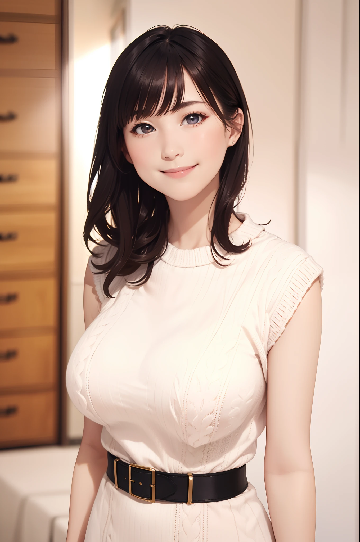 (absurderes), hight resolution, ultra-detailliert, Beautiful face, Big breasts, Huge breasts, Wearing a white knitted dress, (Sleeveless), Smile Face, Staring at me