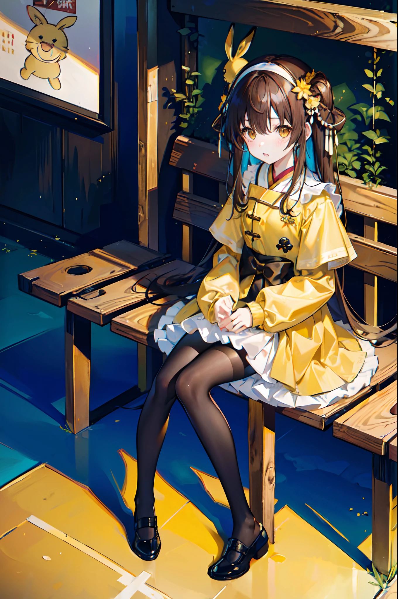 High quality, High resolution, Extreme Detail, masutepiece, One young girl, kid, stuffed yellow rabbit stuffed, Brown eyes, Hair Ornament, Long hair, Long sleeves, Sitting on a wooden bench, Full body, Yaoyao, Yaoyao \(GenshinImpact\),