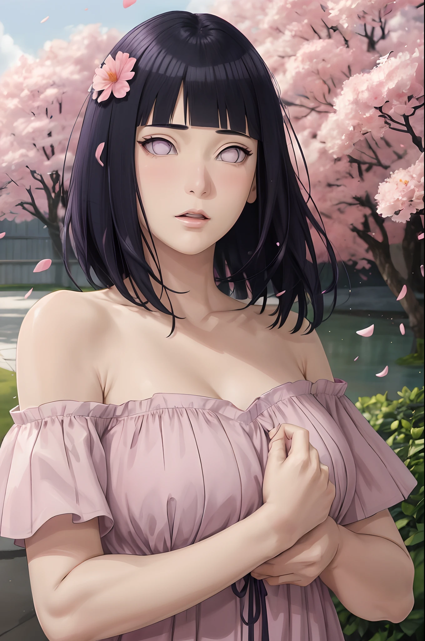 masterpiece, absurdres, hinata\(boruto\), 1girl, solo,mature female, off shoulder floral dress, looking at viewer, (falling petals), perfect composition, detailed lips, big breast, beautiful face, body propotion, blush, (pink lips), long hair,  purple eyes,  soft gaze,  super realistic, detailed, photoshoot, realistic face and body