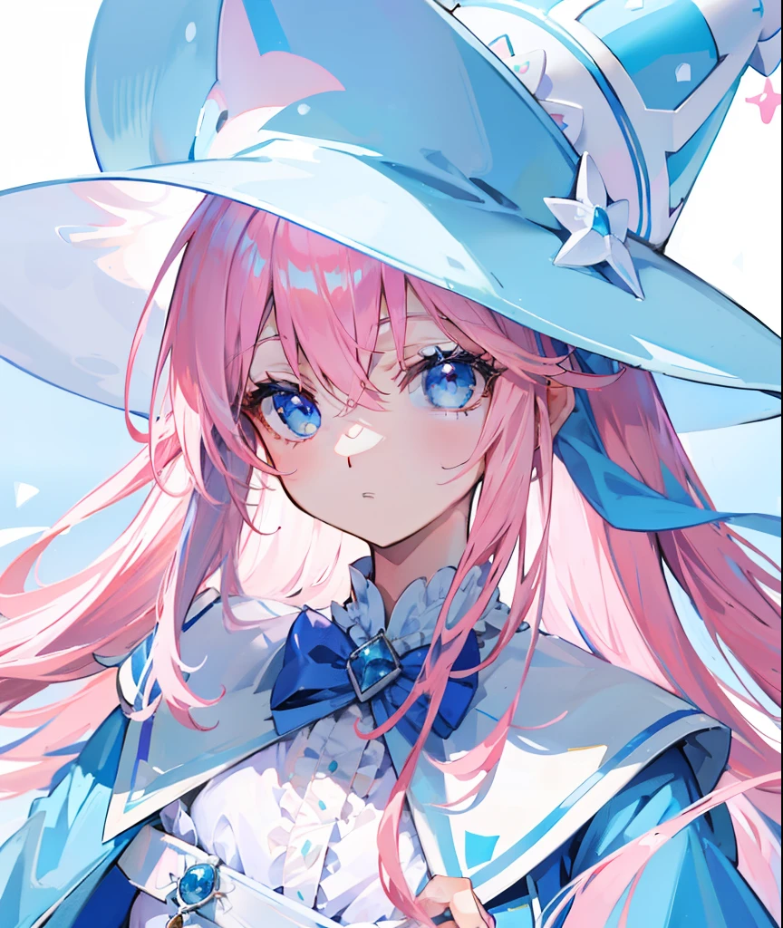long light pink hair,Light sky blue magician hat,Light sky blue and light pink、A magician suit matched in white,milkyW,Cute and cute,This is a girl with sweet milk,super adorable
