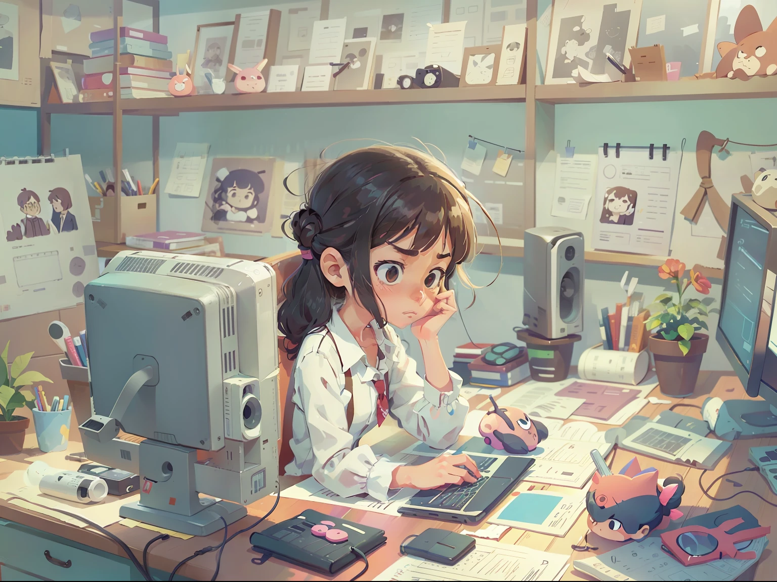 A female civil servant sits in front of a computer typing, Frowning, Wear a white shirt, The room was full of drawings, Minimalism, Blind box toy style, Ghibli-like colors, Anime style, Anime style, column lineup, multiple views, blurryforeground, Super detail, Best quality