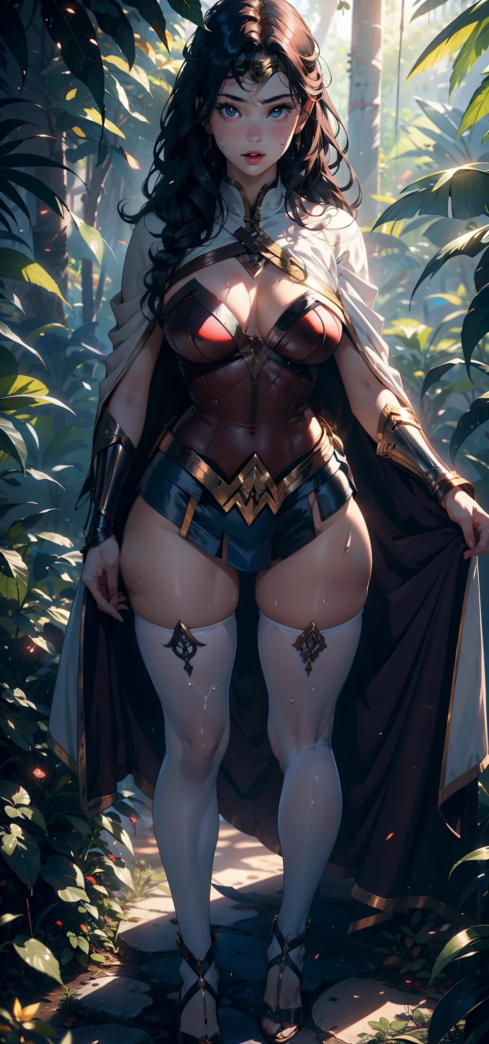 1female,25 age old,Large breasts,long leges,Big breasts Thin waist,Pornographic exposure, 独奏,(Background with:ln the forest,the rainforest,in summer) She has long purple hair,standing on your feet,Sweat profusely,drenched all over the body,seen from the front, curlies, mostly cloudy sky,(((tmasterpiece),(Very detailed CG unity 8K wallpaper),best qualtiy,cinmatic lighting,detailed back ground,beatiful detailed eyes,Bright pupils,(Very fine and beautiful),(Beautiful and detailed eye description),ultra - detailed,tmasterpiece,)),facing at camera,A high resolution,ultra - detailed),revealing breasts,Bare genitalia, Bulge,Camel toes,Raised sexy,Flushed complexion,Open-mouthed,frontage,wonder women(Wearing:White cloak,Wonder Woman uniform,Pantyhose)nakeness,high-heels