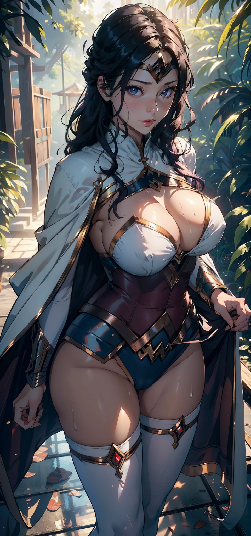 1female,25 age old,Large breasts,long leges,Big breasts Thin waist,Pornographic exposure, 独奏,(Background with:ln the forest,the rainforest,in summer) She has long purple hair,standing on your feet,Sweat profusely,drenched all over the body,seen from the front, curlies, mostly cloudy sky,(((tmasterpiece),(Very detailed CG unity 8K wallpaper),best qualtiy,cinmatic lighting,detailed back ground,beatiful detailed eyes,Bright pupils,(Very fine and beautiful),(Beautiful and detailed eye description),ultra - detailed,tmasterpiece,)),facing at camera,A high resolution,ultra - detailed),revealing breasts,Bare genitalia, Bulge,Camel toes,Raised sexy,Flushed complexion,Open-mouthed,frontage,wonder women(Wearing:White cloak,Wonder Woman uniform,Pantyhose)nakeness,high-heels