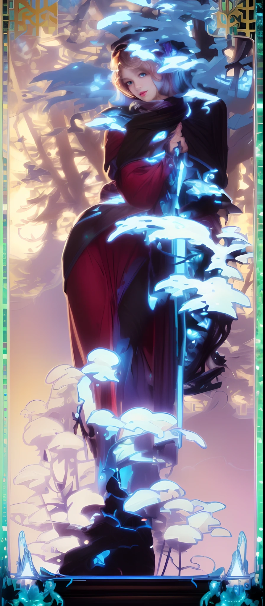 masterpiece, 1girl, (solo), full body, gigantic hanging bust, (swathed in a white blanket, standing in a winter wonderland of snow-covered trees and leaves), (Alphonse Mucha:1.2), Alphonse Mucha art style, photorealistic, highly detailed face, flawless complexion, piercing gaze, regal posture, confident stance, sharp features, (insanely detailed background), volumetric lighting, unreal engine 5, ray tracing, ((insanely vibrant color)), micro details, realistic, 8k, (insanely detailed), (light particles), fractal isometrics details (bioluminescent), V-Ray, full hd - s5000 - uplight - q 3 - stop 80 - w 0.5 - ar