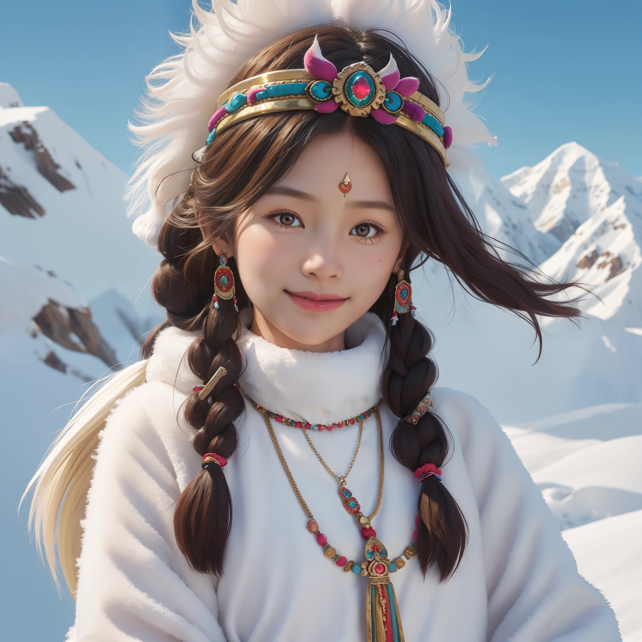A girl, long braids, Tibetan girl, close-up, slightly raised, smile, left and right body photos, upper body, front photo, Tibetan clothing, colorful clothing, clothes with fluff, white fluff, high-end Tibetan clothing, cumbersome Tibetan clothing design, cold clothing, winter clothing, appearance Yang transcendence, round face shape, gorgeous Tibetan clothing, cumbersome Tibetan necklace, cumbersome Tibetan headdress, colorful headband, real person CG, sweet style, film style, HD 4K, photography effect, studio effect, white halo, Mythical wind, snowfield background, character core, picture ratio 16:9, mask fresh.