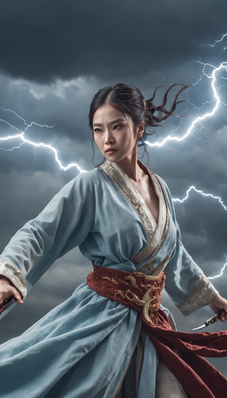 ((best quality)), ((masterpiece)), (dramatic), portrait of a young cultivator transcending tribulation, (Chinese fantasy:1.3), dressed in flowing robes, (Holding sword:1.2), thunder and lighting swirling overhead, (stormy sky:1.1), electricity dancing across clouds, (determined expression:1.2), poised with sword raised, (powerful posture:1.3), (cinematic composition:1.1), (8k resolution:1.0)