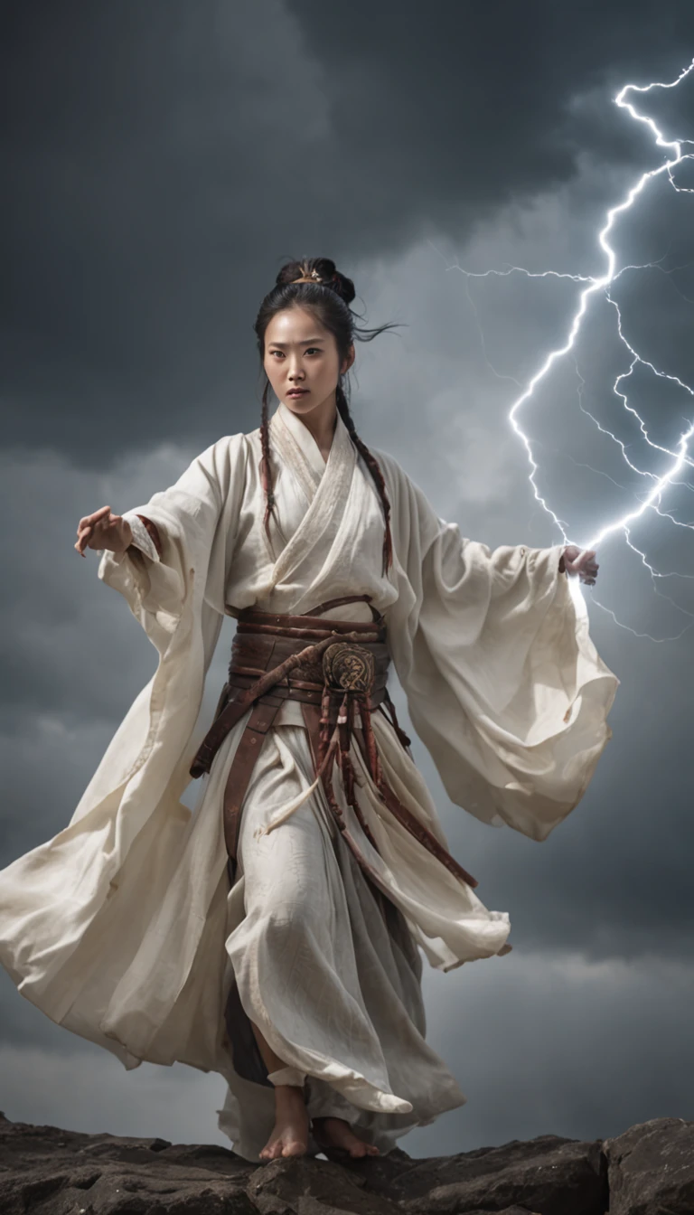 ((best quality)), ((masterpiece)), (dramatic), portrait of a young cultivator transcending tribulation, (Chinese fantasy:1.3), dressed in flowing robes, (Holding sword:1.2), thunder and lighting swirling overhead, (stormy sky:1.1), electricity dancing across clouds, (determined expression:1.2), poised with sword raised, (powerful posture:1.3), (cinematic composition:1.1), (8k resolution:1.0)