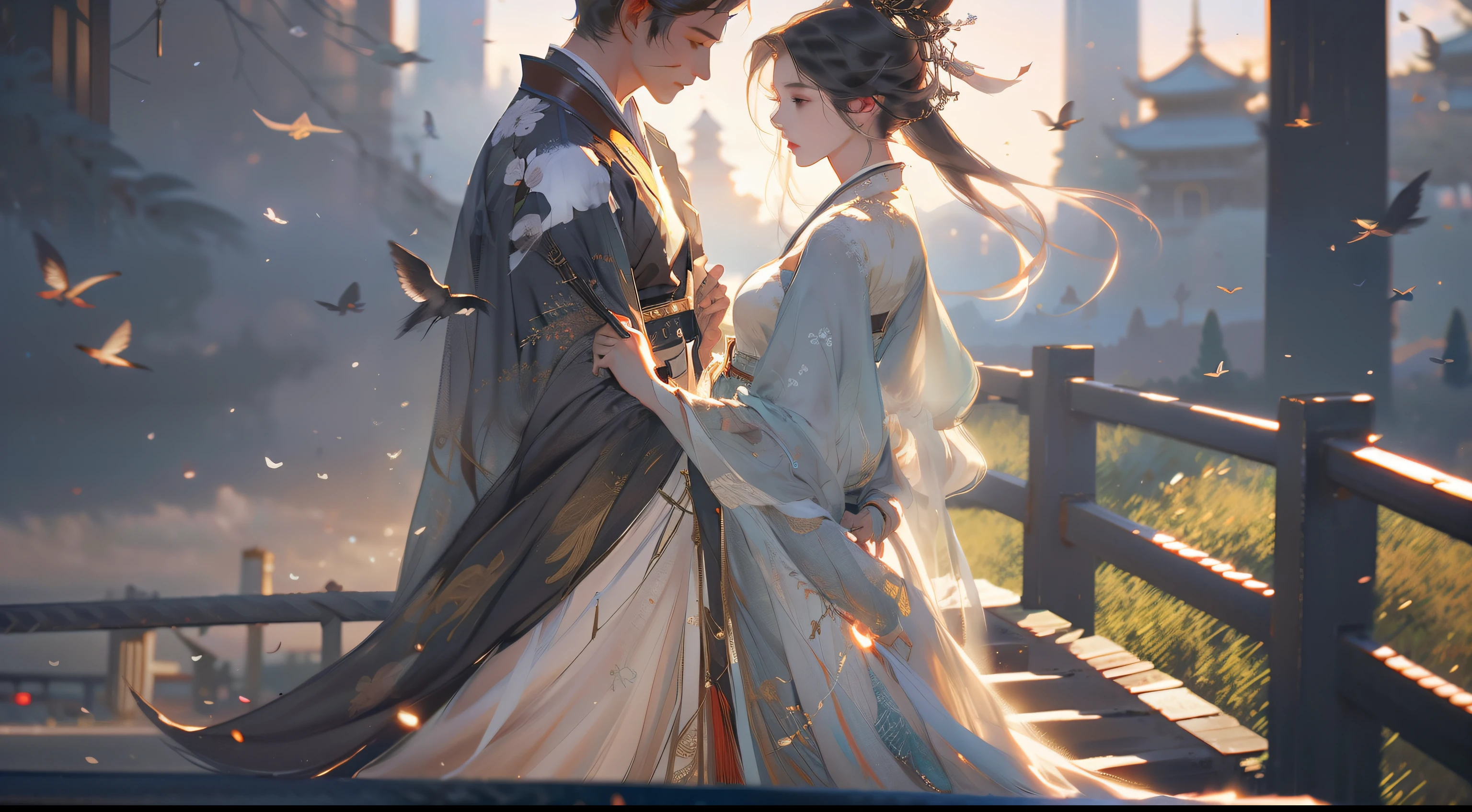 A handsome Chinese boy and girl、(full bodyesbian)、Look at each other,Gentle eyes,((Clear facial features)),wearing a hanfu,standing on a bridge,The body is surrounded by white mist,There are magpies flying around,A cow looks up from afar,Runes surround you,Holographic reality,holographic halo,Background motion blur,Game lighting effects,rim-light,Soft light,cinematic rim light,The light is delicate