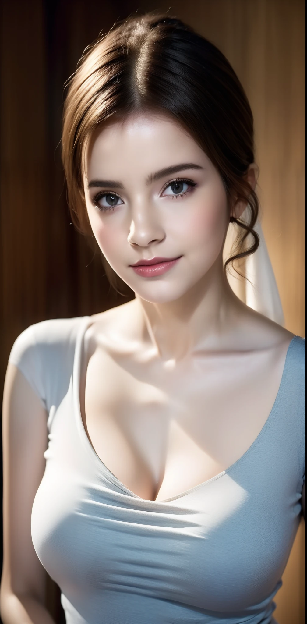 ((Best picture quality, 8K,tmasterpiece:1.3,)), ((Emma Watson))，1girll, Beautiful woman with slender abs:1.3, (Casual hairstyle,鎖骨，Huge bust， Leaky big breasts:1.2，cleavage,Tattooed with), Ultra-fine face, A detailed eye, 二重まぶた