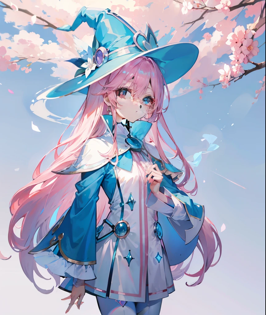 long light pink hair，Light sky blue magician hat，Light sky blue and light pink、Paired with a white magician suit，A cute and cute sweet girl