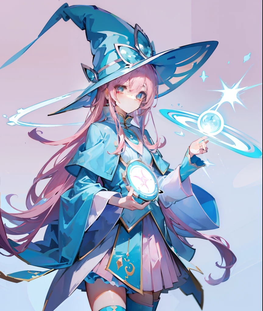 long light pink hair，Light sky blue magician hat，Light sky blue and light pink、Paired with a white magician suit，A cute and cute sweet girl